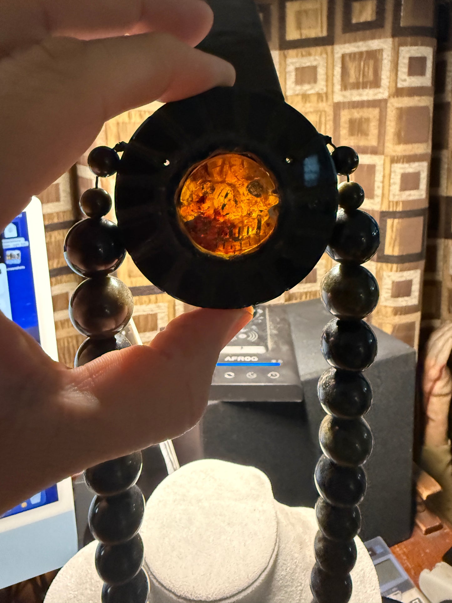 Piedra de Muerte, Stone of Death, Mexican, Obsidian Amber Pendant, Neckace, Mex #H