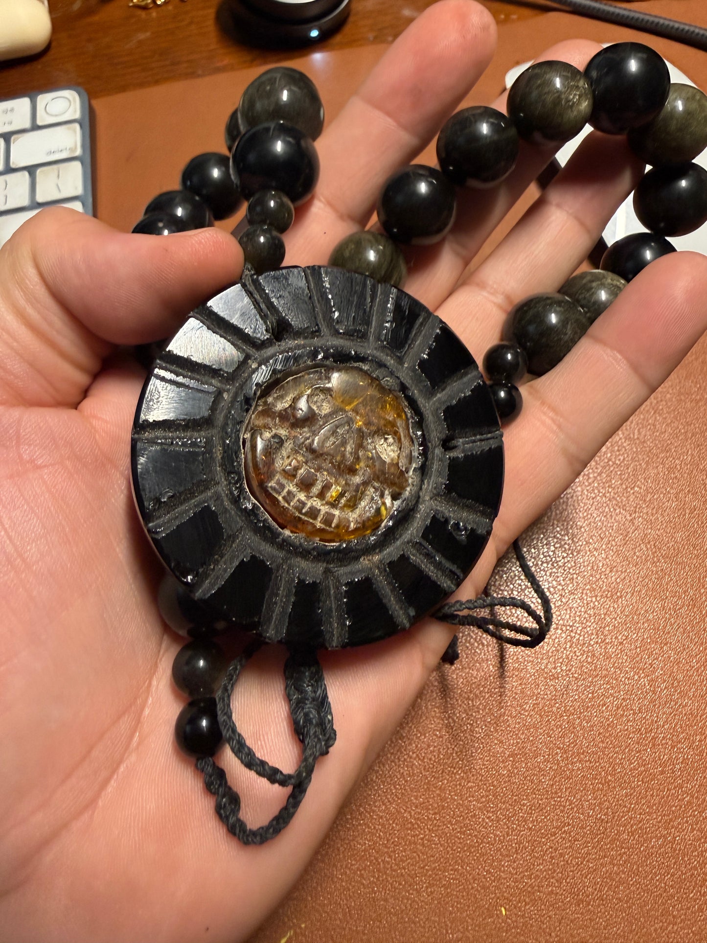 Piedra de Muerte, Stone of Death, Mexican, Obsidian Amber Pendant, Neckace, Mex #H