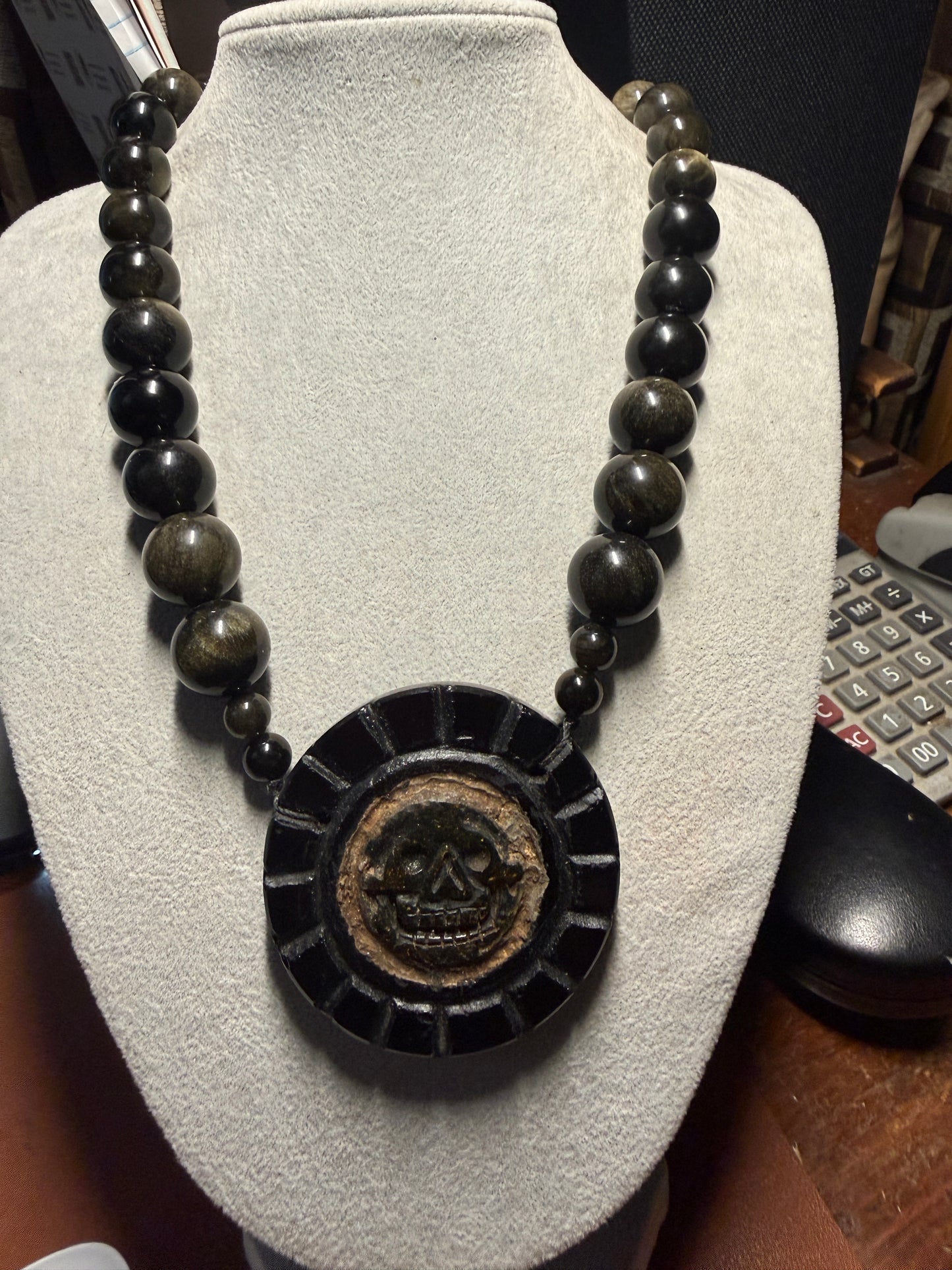 Piedra de Muerte, Stone of Death, Mexican, Obsidian Amber Pendant, Neckace, Mex #H