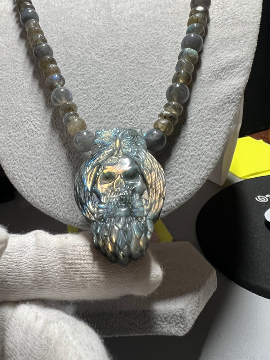 Owl and Skull Labradorite Pendant Beaded Necklace, Tecolote, Death, La Lechuza, el Buho (#15)