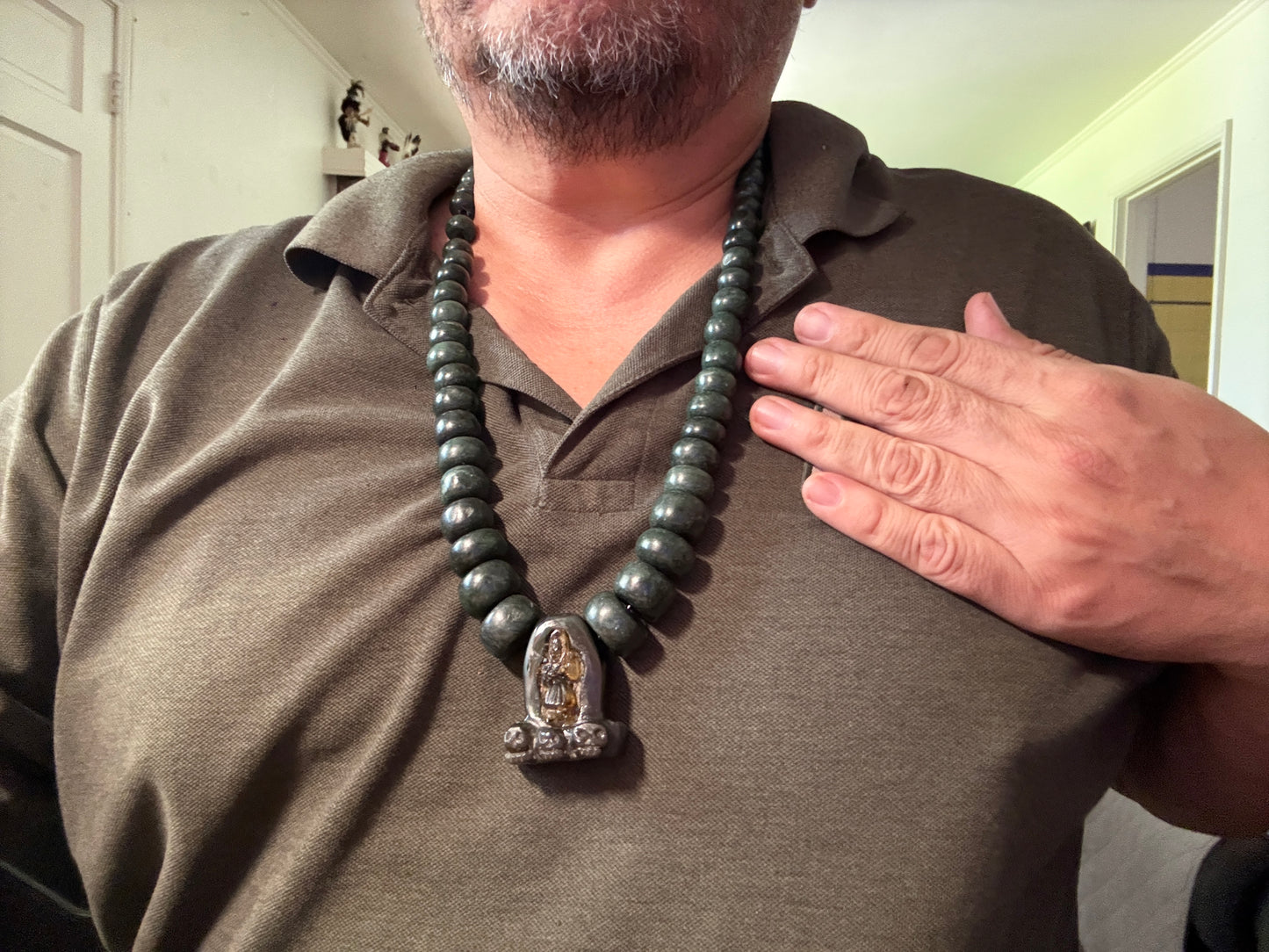Aztec Santo Muerte Mictlantecuhtli Necklace, Rainbow Obsidian, Marble, Amber, #H