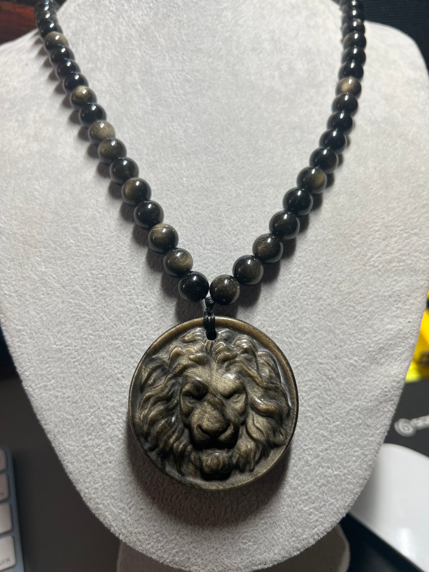 Lion Gold Obsidian Pendant Beaded Necklace, Lions, King of Jungle, Rare, Unique (#16)