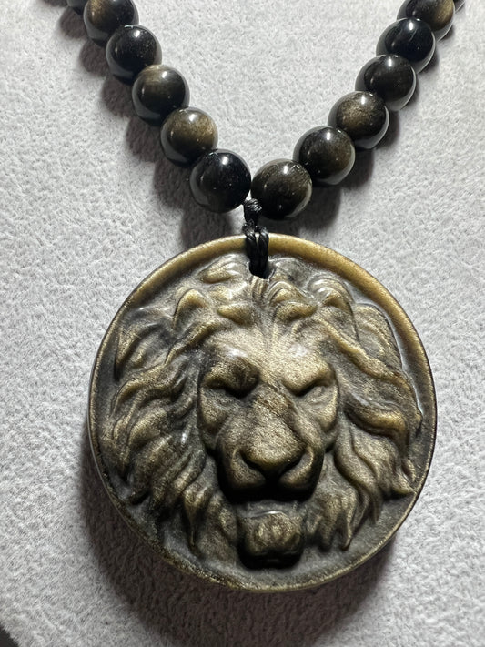 Lion Gold Obsidian Pendant Beaded Necklace, Lions, King of Jungle, Rare, Unique (#16)