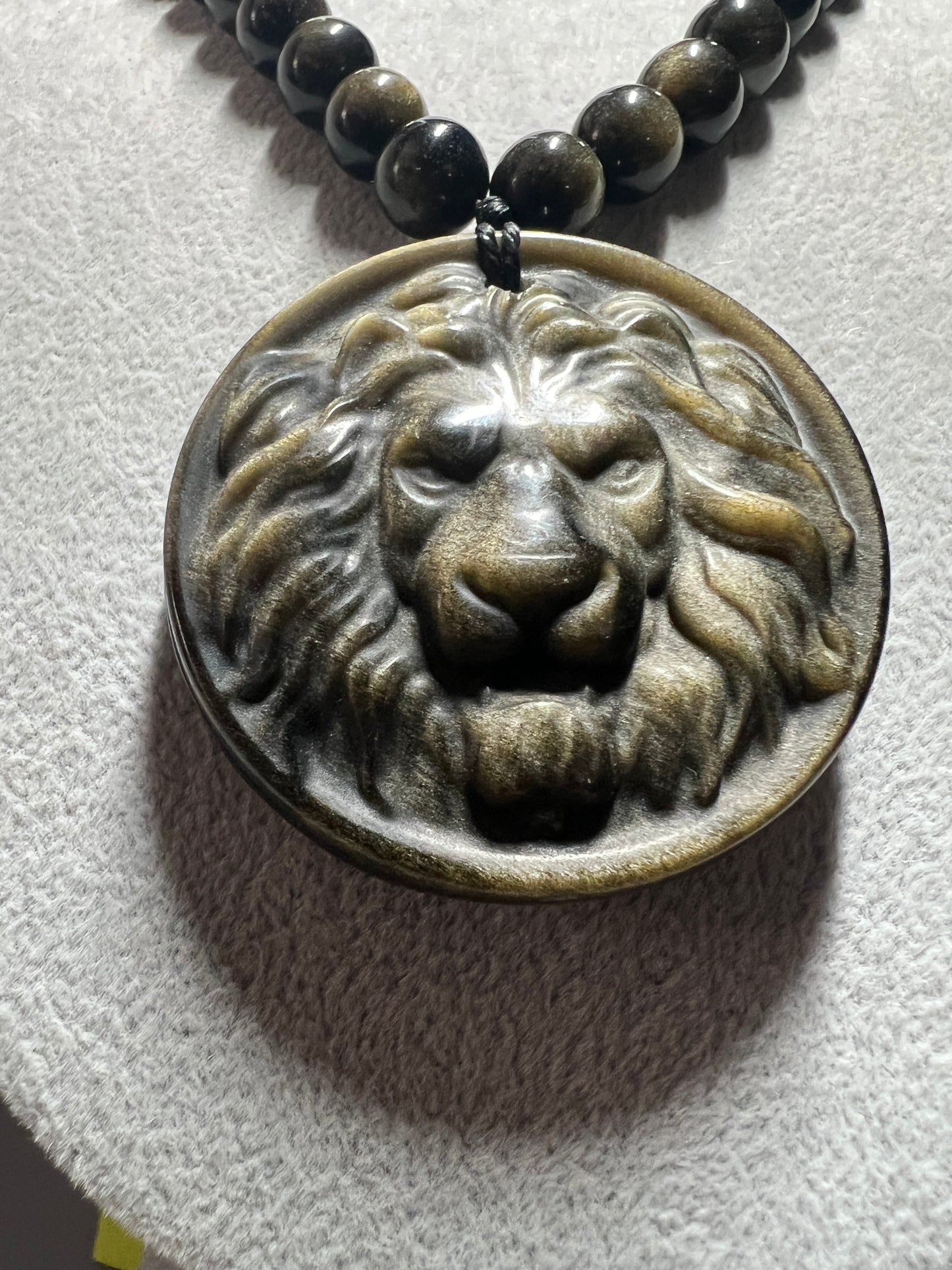 Lion Gold Obsidian Pendant Beaded Necklace, Lions, King of Jungle, Rare, Unique (#16)