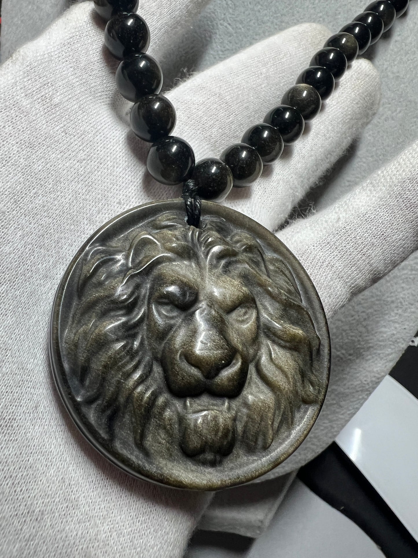 Lion Gold Obsidian Pendant Beaded Necklace, Lions, King of Jungle, Rare, Unique (#16)