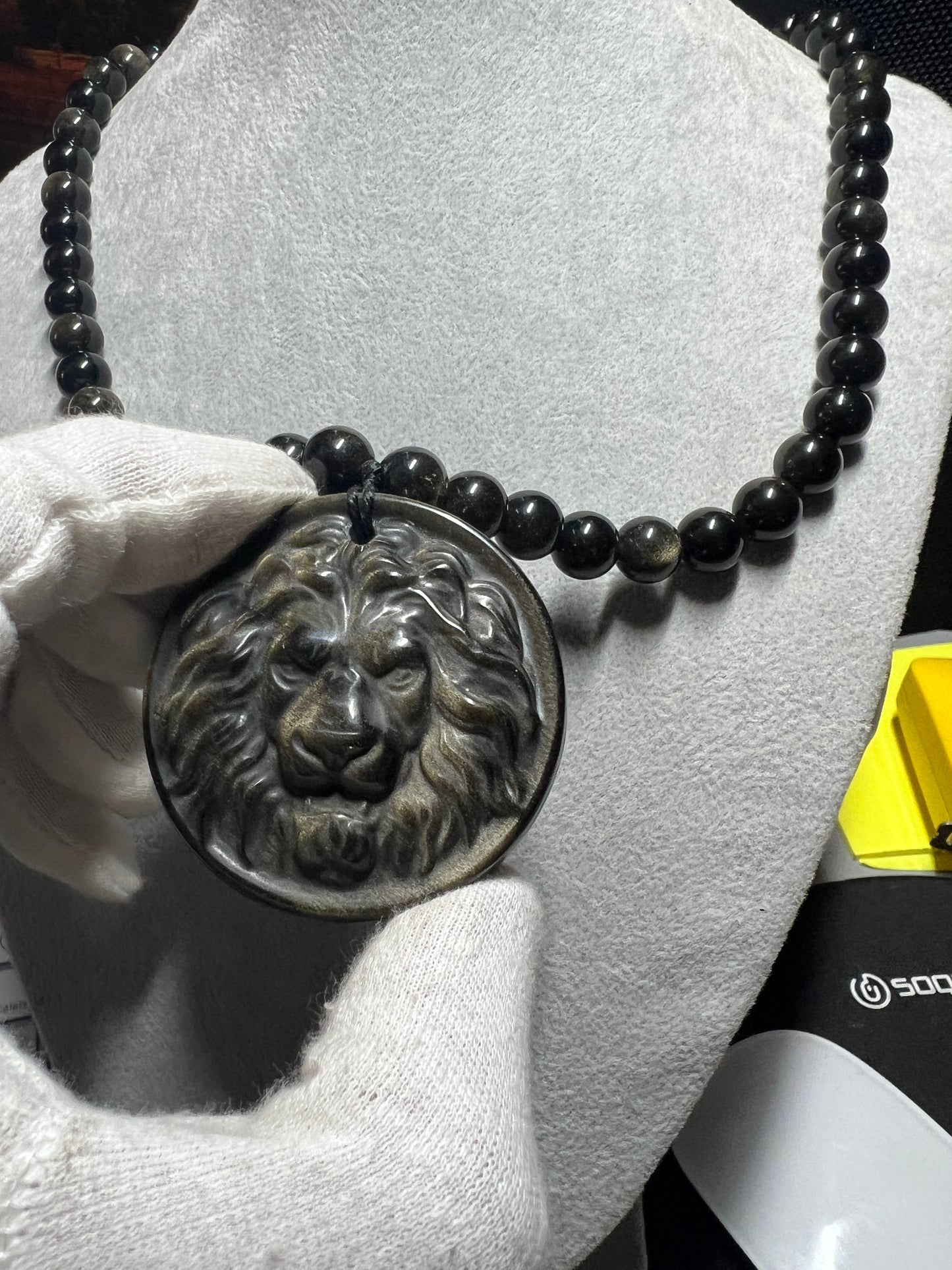 Lion Gold Obsidian Pendant Beaded Necklace, Lions, King of Jungle, Rare, Unique (#16)