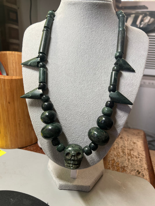 Mictlantecuitli Full Skull Jade Necklace with Jade Arrow Heads from Guatemala, Indigenous, Tribal (#17)