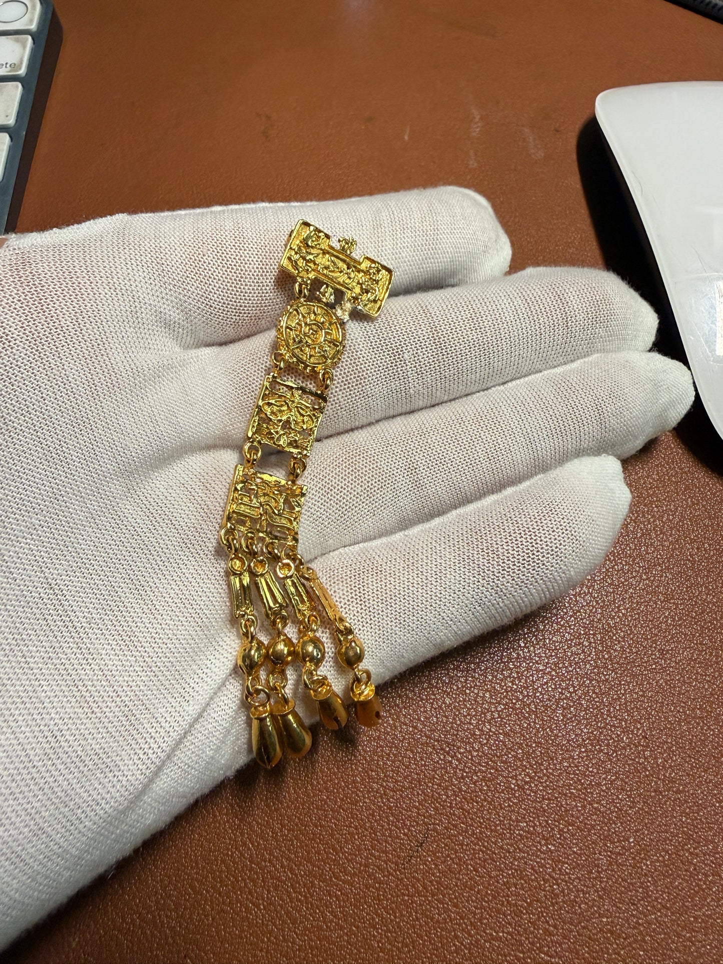 Rare Vintage Aztec Gold Plated Alloy Pin Brooch, by Salvador Teran for Marbel SA Mexico 1950s REPAIRED (#H)