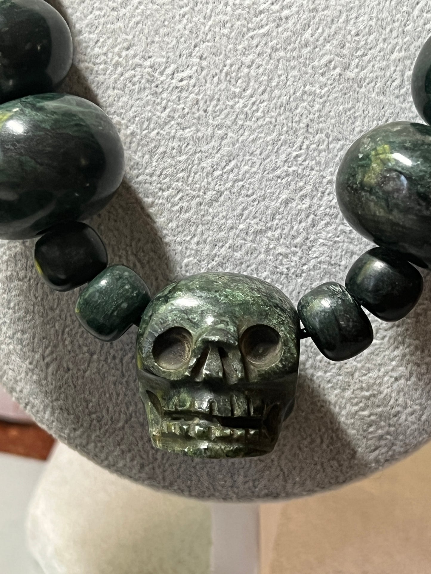 Mictlantecuitli Full Skull Jade Necklace with Jade Arrow Heads from Guatemala, Indigenous, Tribal (#17)