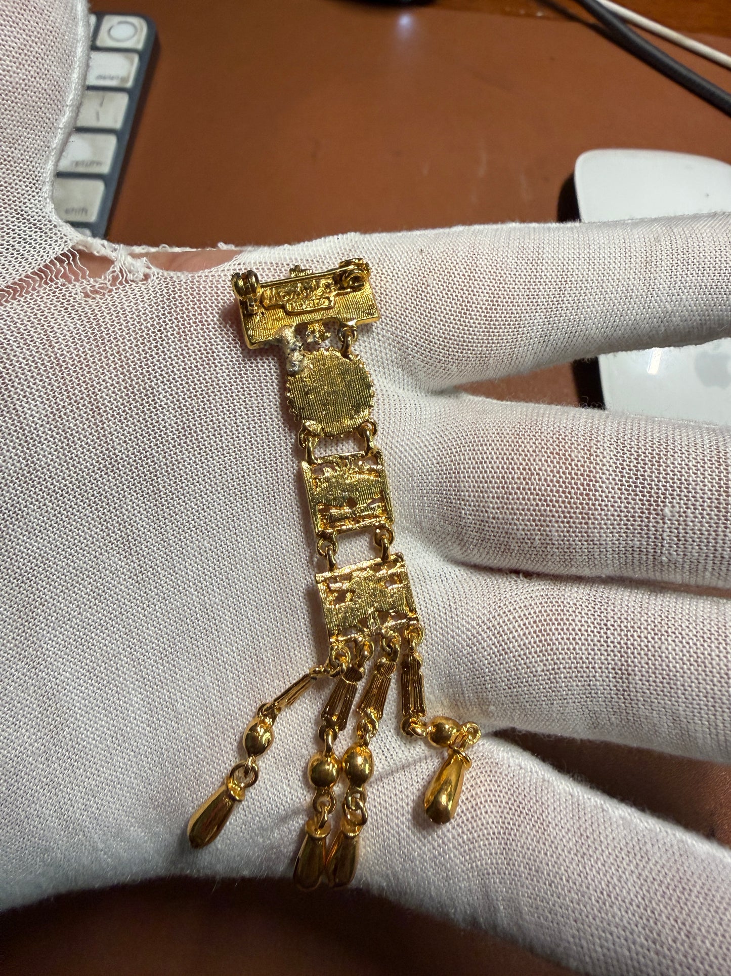 Rare Vintage Aztec Gold Plated Alloy Pin Brooch, by Salvador Teran for Marbel SA Mexico 1950s REPAIRED (#H)