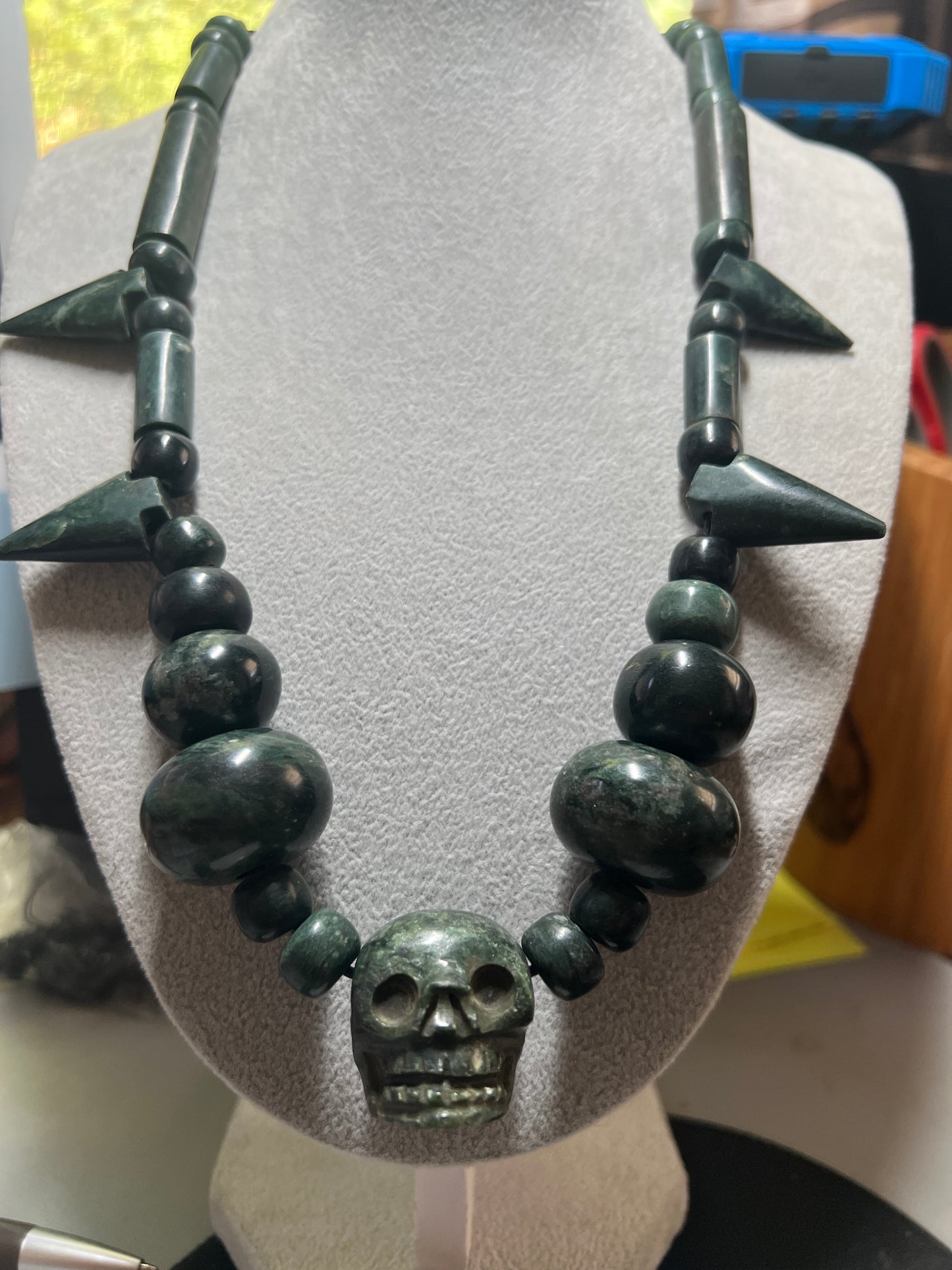 Mictlantecuitli Full Skull Jade Necklace with Jade Arrow Heads from Guatemala, Indigenous, Tribal (#17)