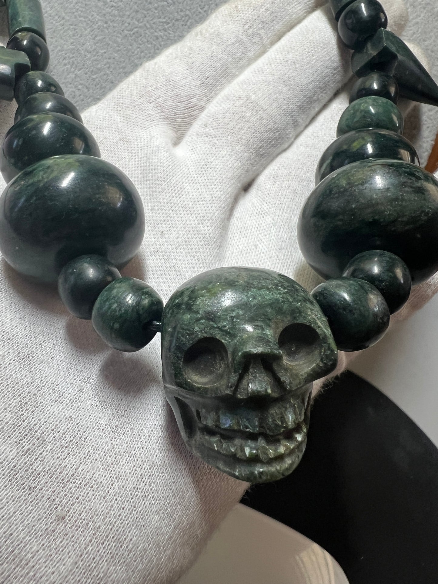 Mictlantecuitli Full Skull Jade Necklace with Jade Arrow Heads from Guatemala, Indigenous, Tribal (#17)