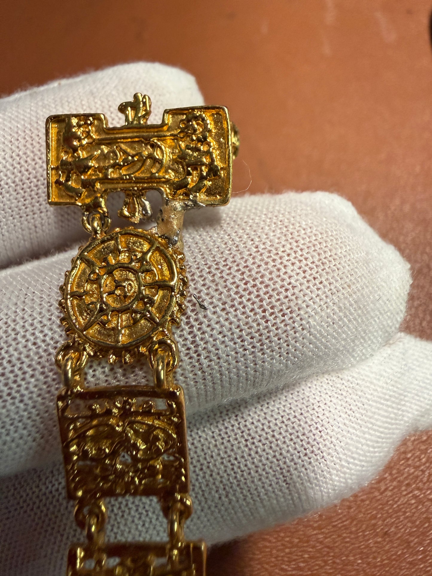 Rare Vintage Aztec Gold Plated Alloy Pin Brooch, by Salvador Teran for Marbel SA Mexico 1950s REPAIRED (#H)