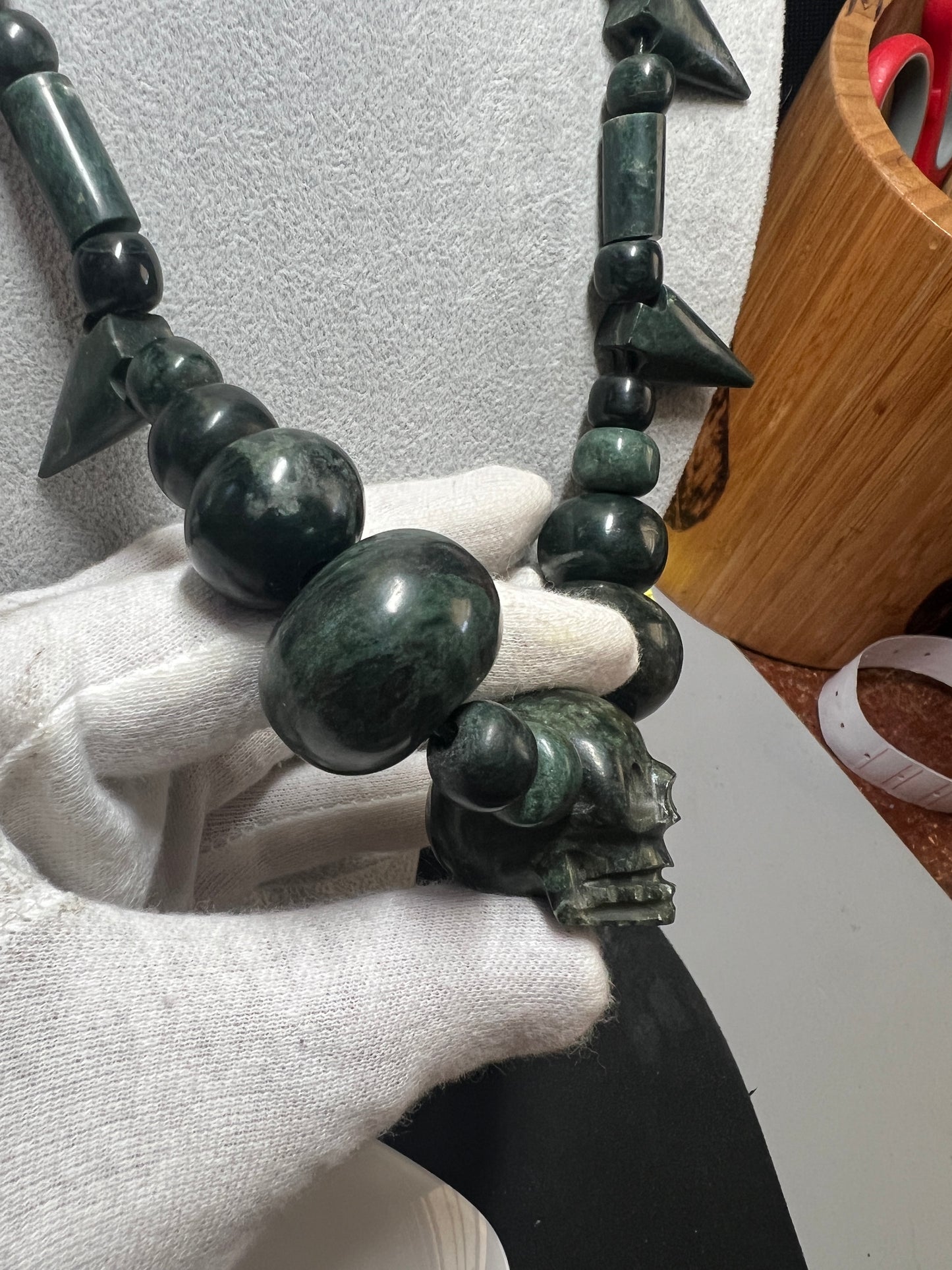 Mictlantecuitli Full Skull Jade Necklace with Jade Arrow Heads from Guatemala, Indigenous, Tribal (#17)