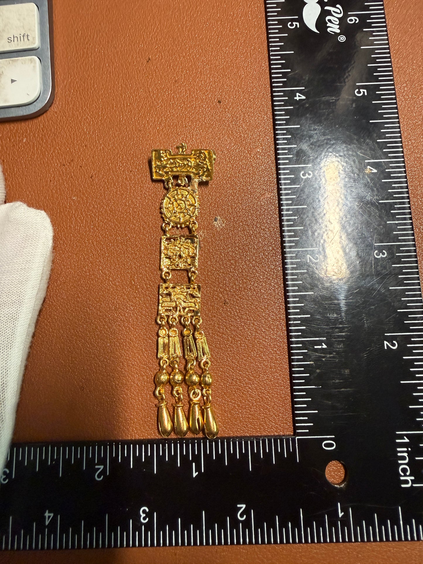 Rare Vintage Aztec Gold Plated Alloy Pin Brooch, by Salvador Teran for Marbel SA Mexico 1950s REPAIRED (#H)