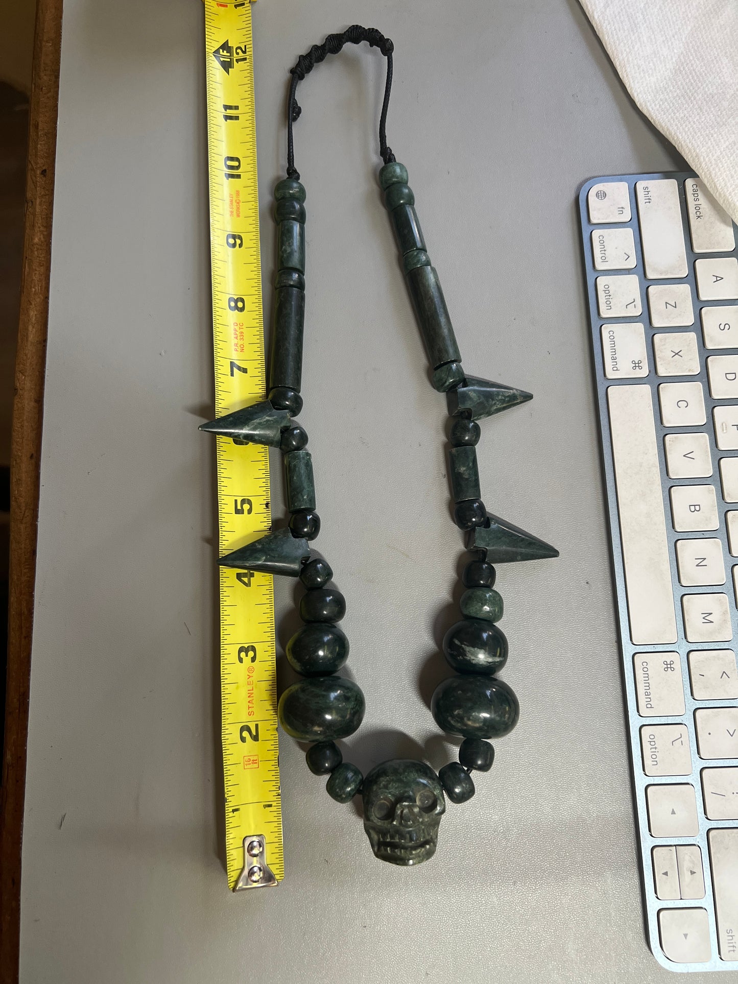 Mictlantecuitli Full Skull Jade Necklace with Jade Arrow Heads from Guatemala, Indigenous, Tribal (#17)