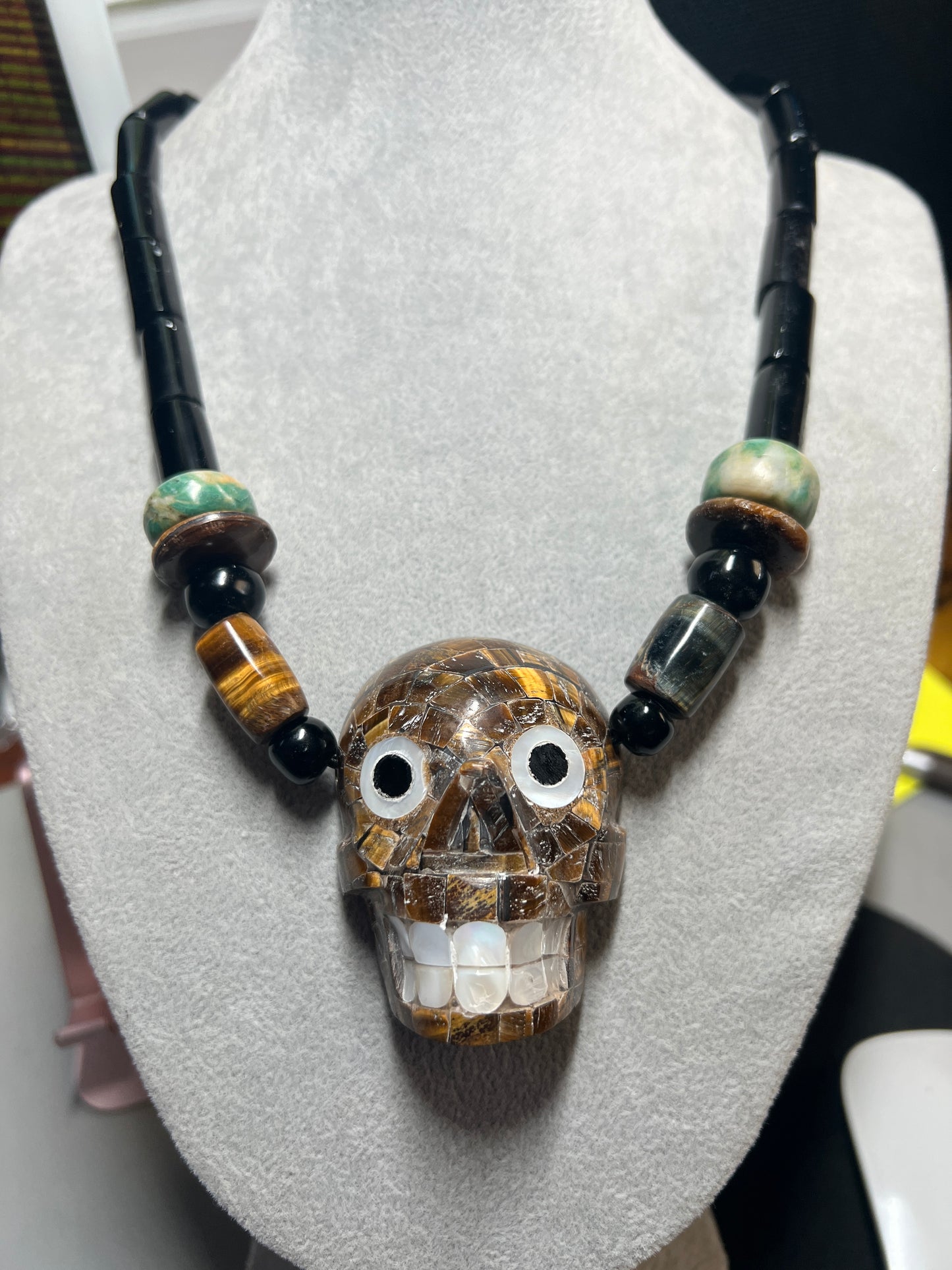 Tiger Eye Mictlantecuitli Skull Necklace, Obsidian Base, Mother of Pearl Teeth and Eyes, Aztec, (#18)