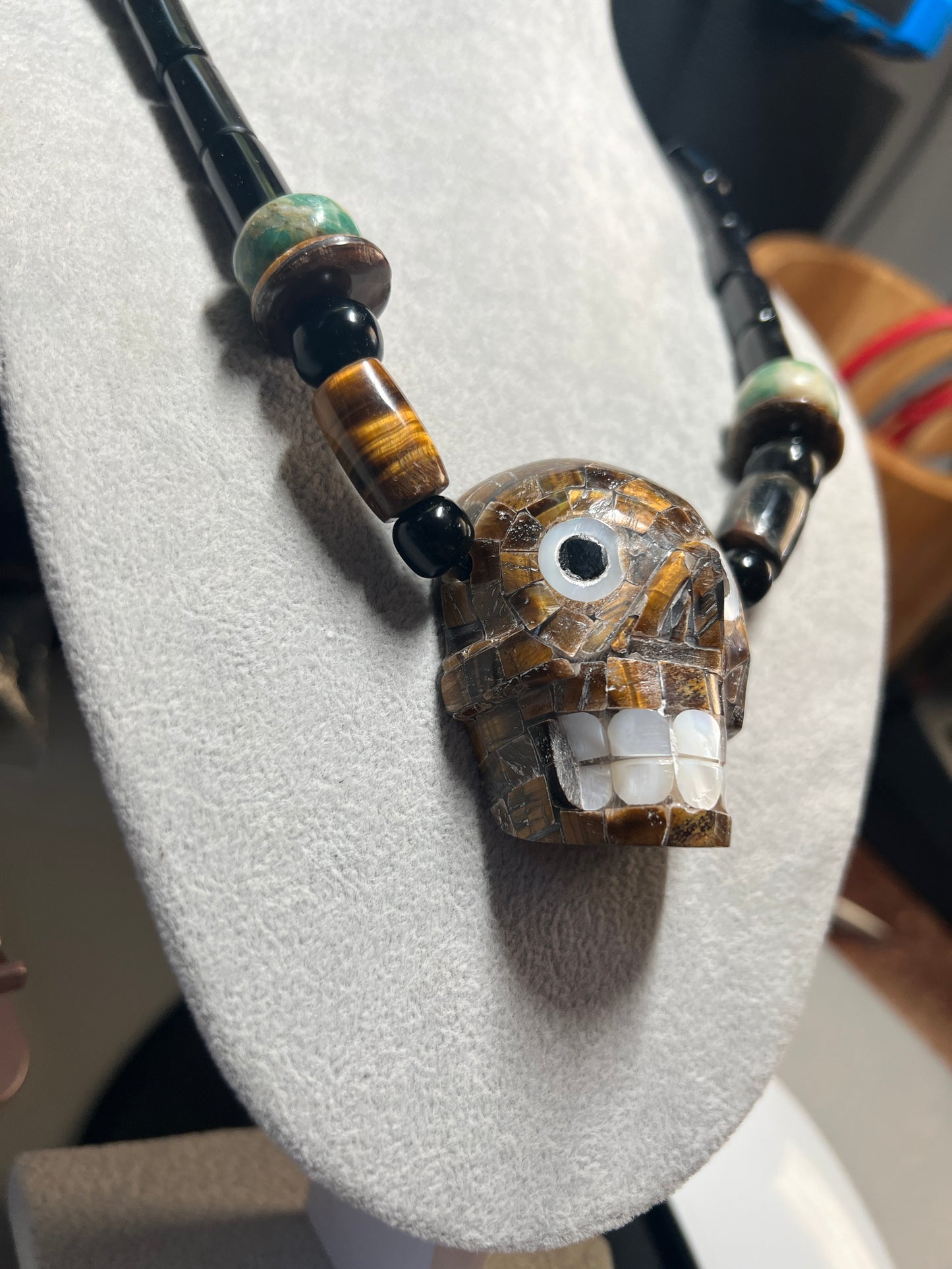 Tiger Eye Mictlantecuitli Skull Necklace, Obsidian Base, Mother of Pearl Teeth and Eyes, Aztec, (#18)