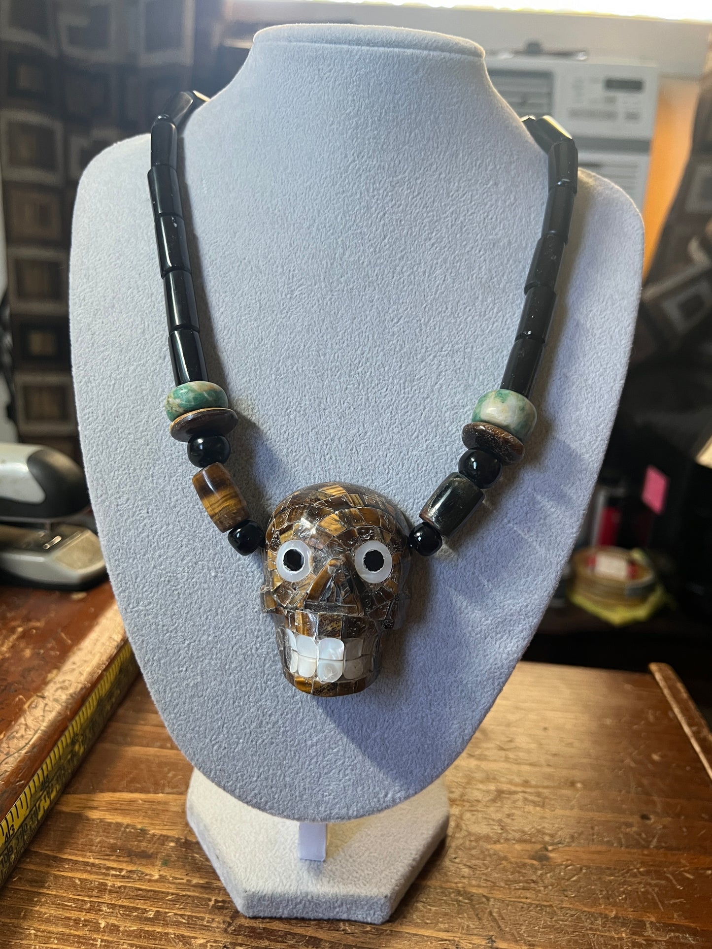 Tiger Eye Mictlantecuitli Skull Necklace, Obsidian Base, Mother of Pearl Teeth and Eyes, Aztec, (#18)