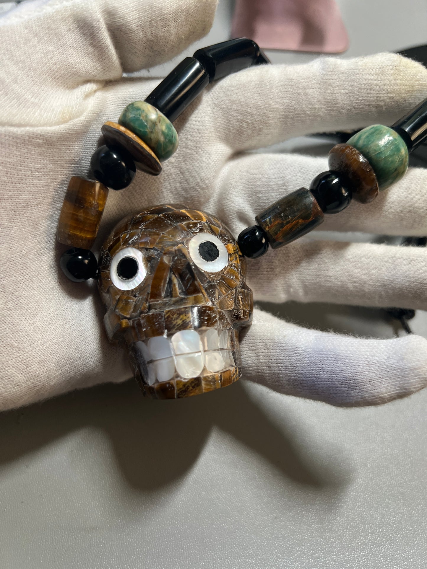 Tiger Eye Mictlantecuitli Skull Necklace, Obsidian Base, Mother of Pearl Teeth and Eyes, Aztec, (#18)