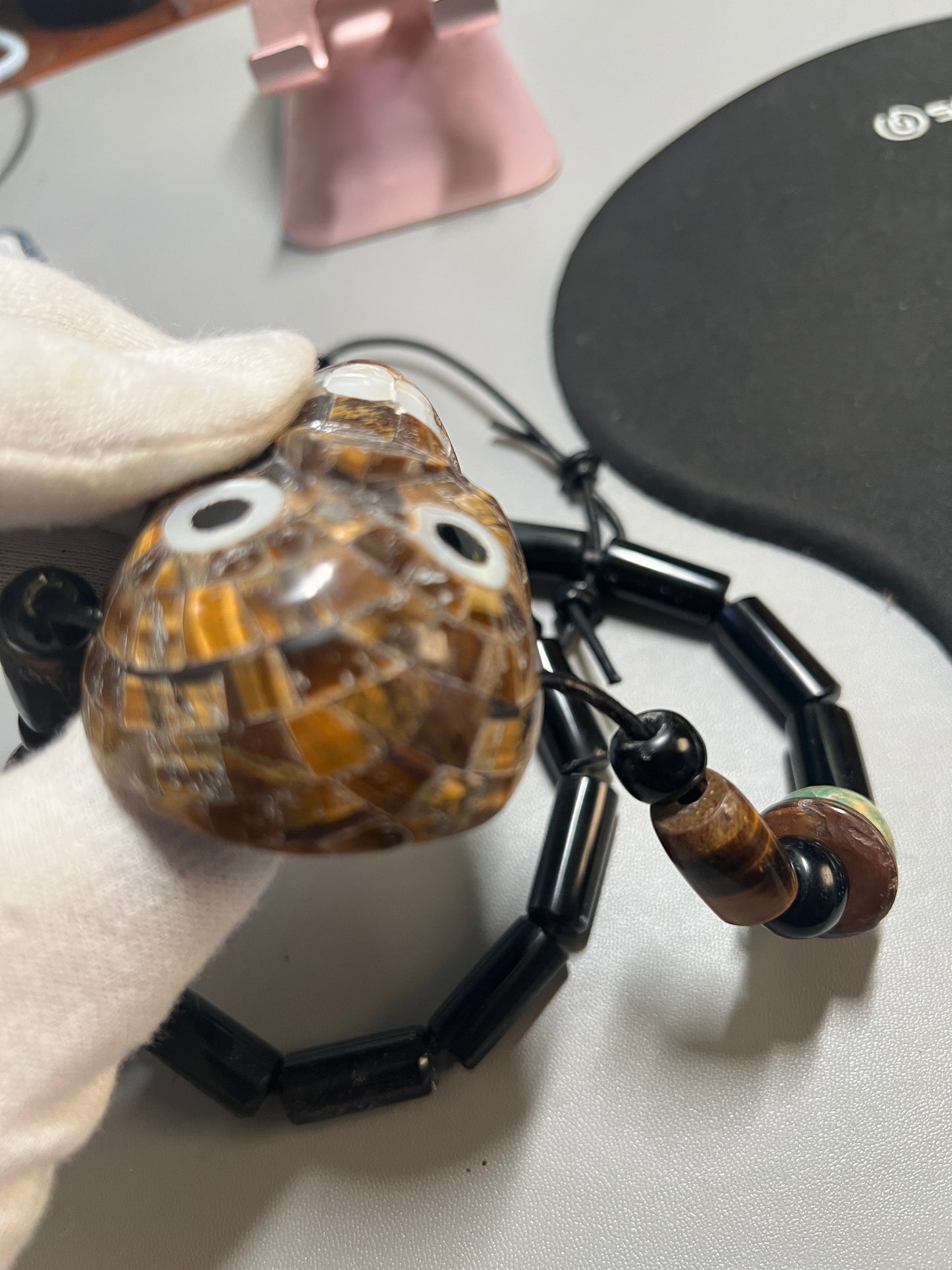 Tiger Eye Mictlantecuitli Skull Necklace, Obsidian Base, Mother of Pearl Teeth and Eyes, Aztec, (#18)