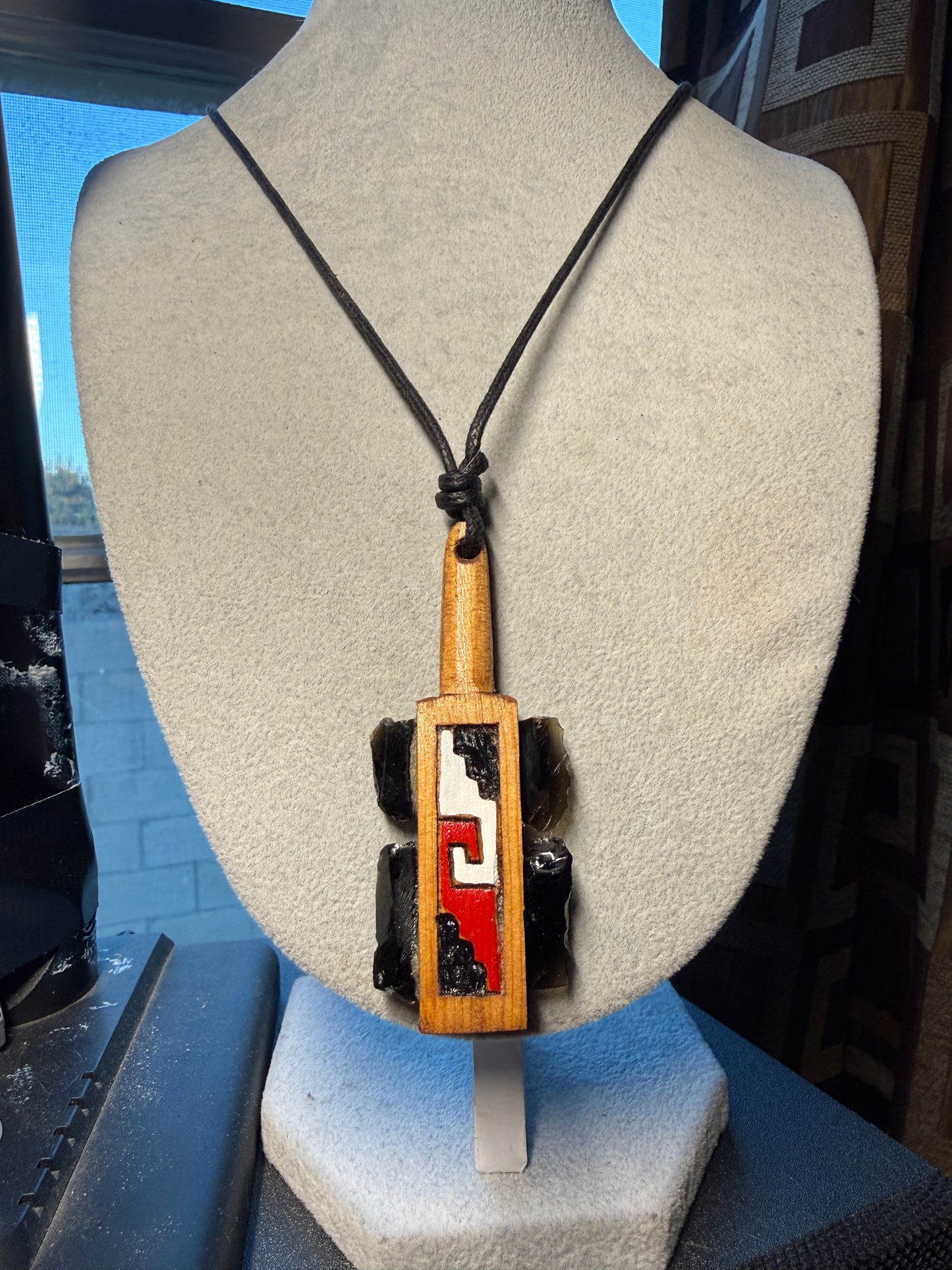 Mini Macuahuitl Necklace, Real Obsidian, Chimalli Design, Aztec, Mexico (L1a)