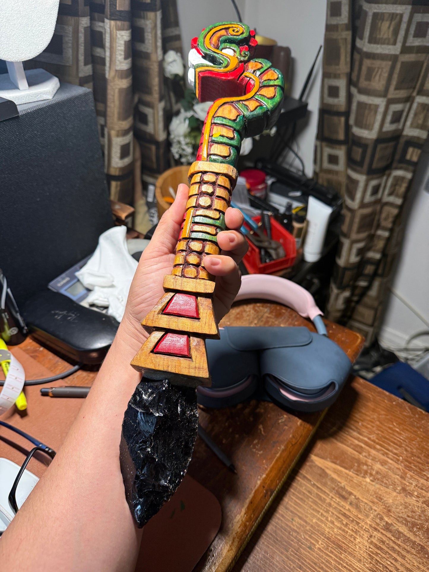 Huitzilopochtli's Fire Serpent Dagger, XIUHCOATL, Deep Wood Carved, Obsidian 18"