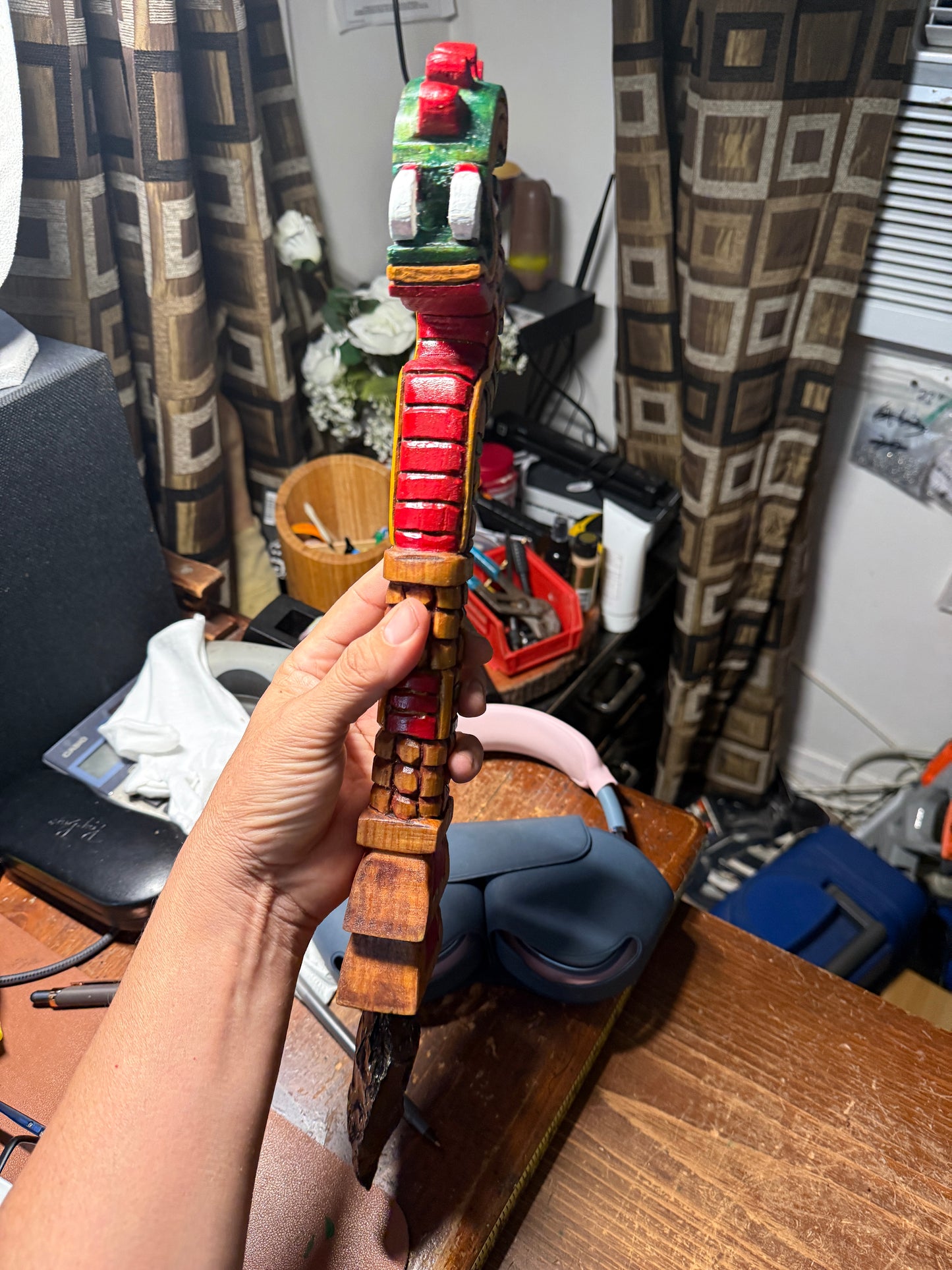 Huitzilopochtli's Fire Serpent Dagger, XIUHCOATL, Deep Wood Carved, Obsidian 18"