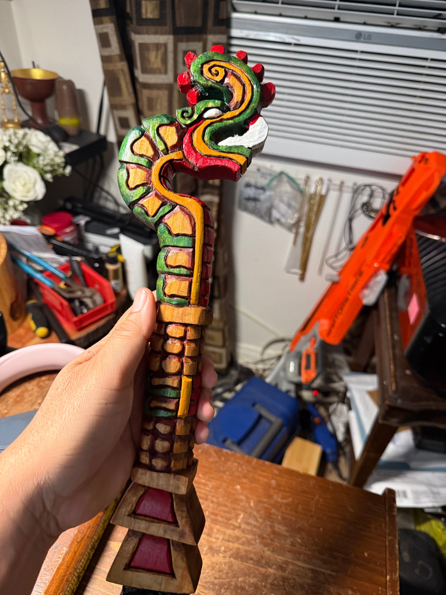 Huitzilopochtli's Fire Serpent Dagger, XIUHCOATL, Deep Wood Carved, Obsidian 18"