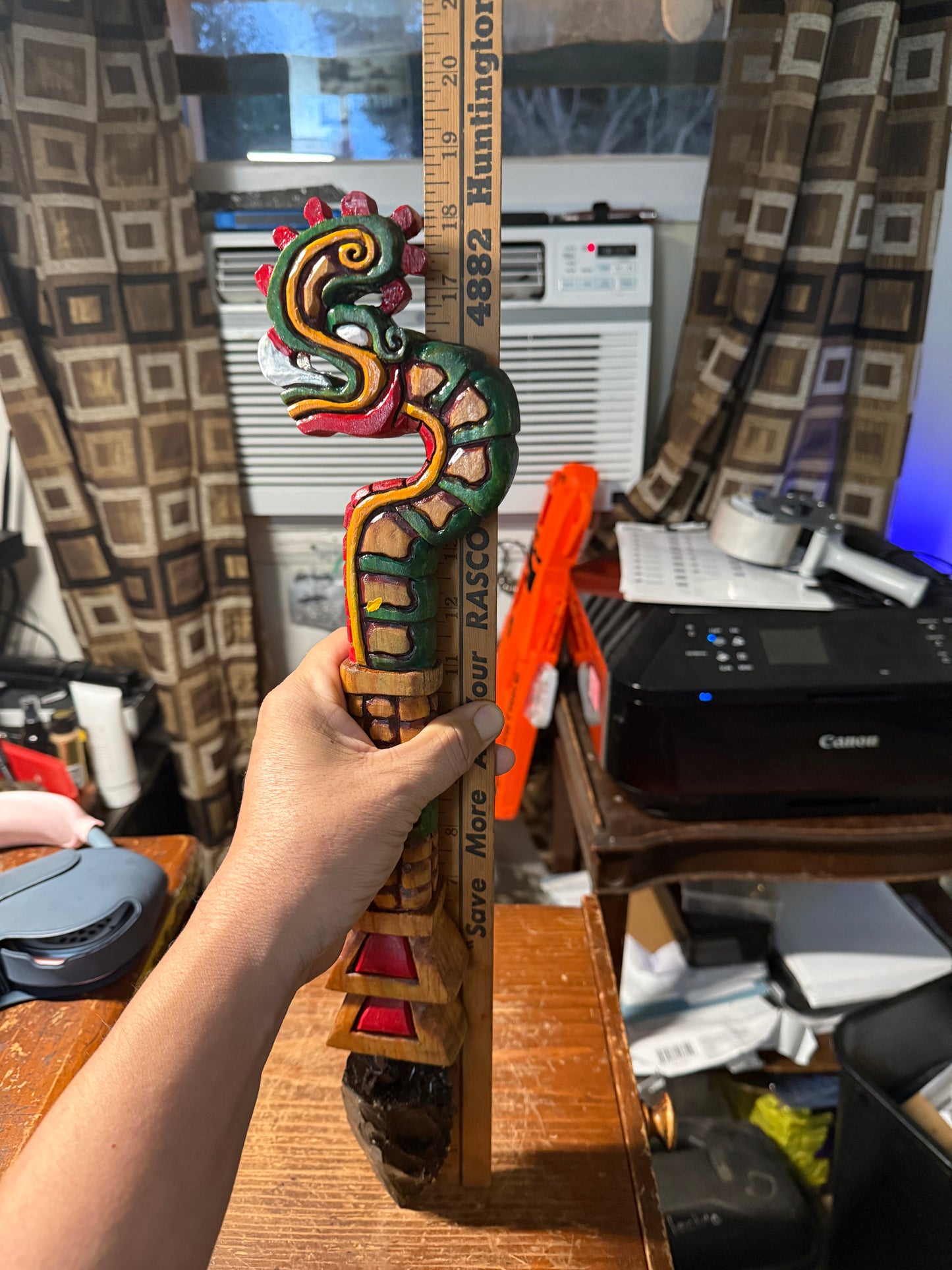Huitzilopochtli's Fire Serpent Dagger, XIUHCOATL, Deep Wood Carved, Obsidian 18"