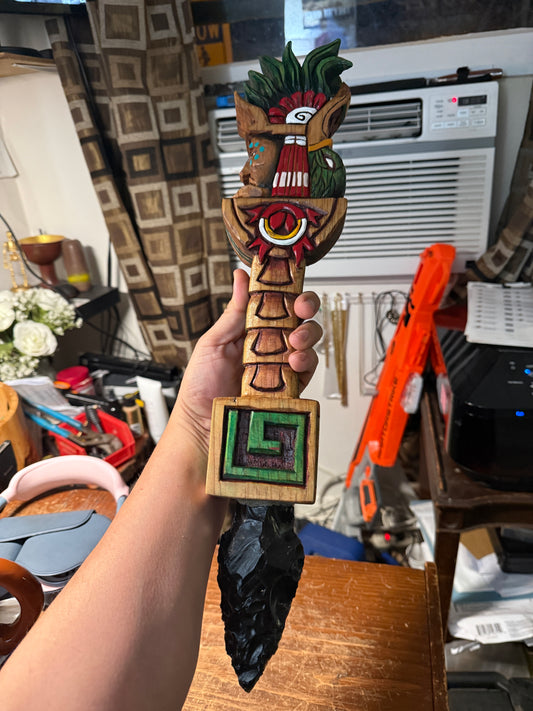 Huitzilopochtli Hummingbird Dagger, Aztec, Deep Wood Carved, Obsidian 20"