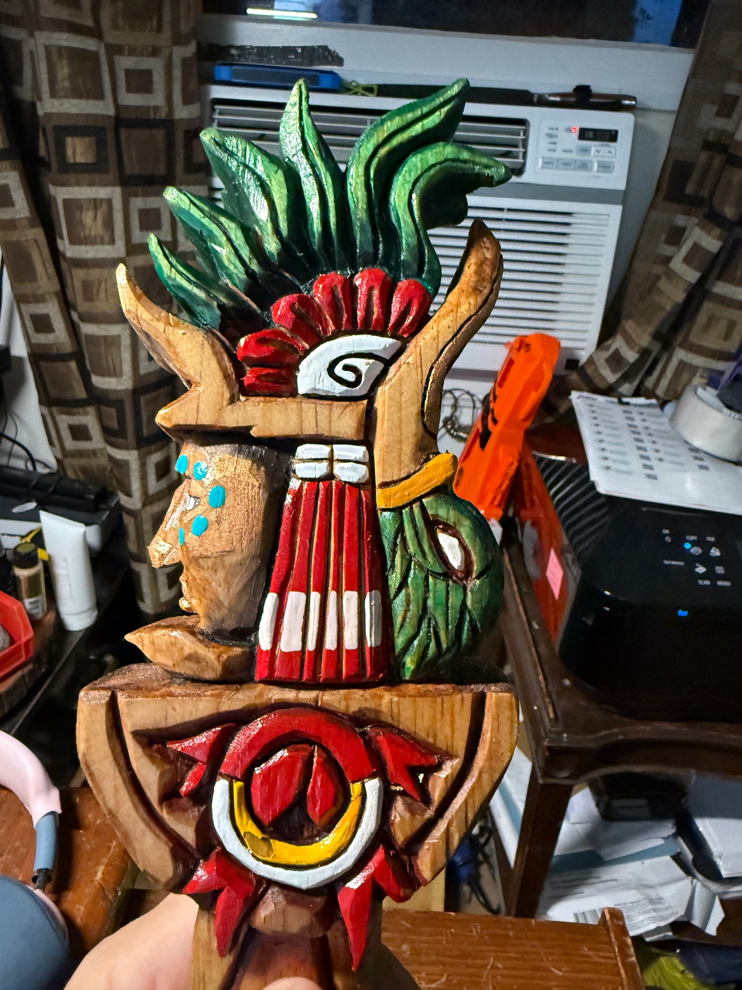 Huitzilopochtli Hummingbird Dagger, Aztec, Deep Wood Carved, Obsidian 20"