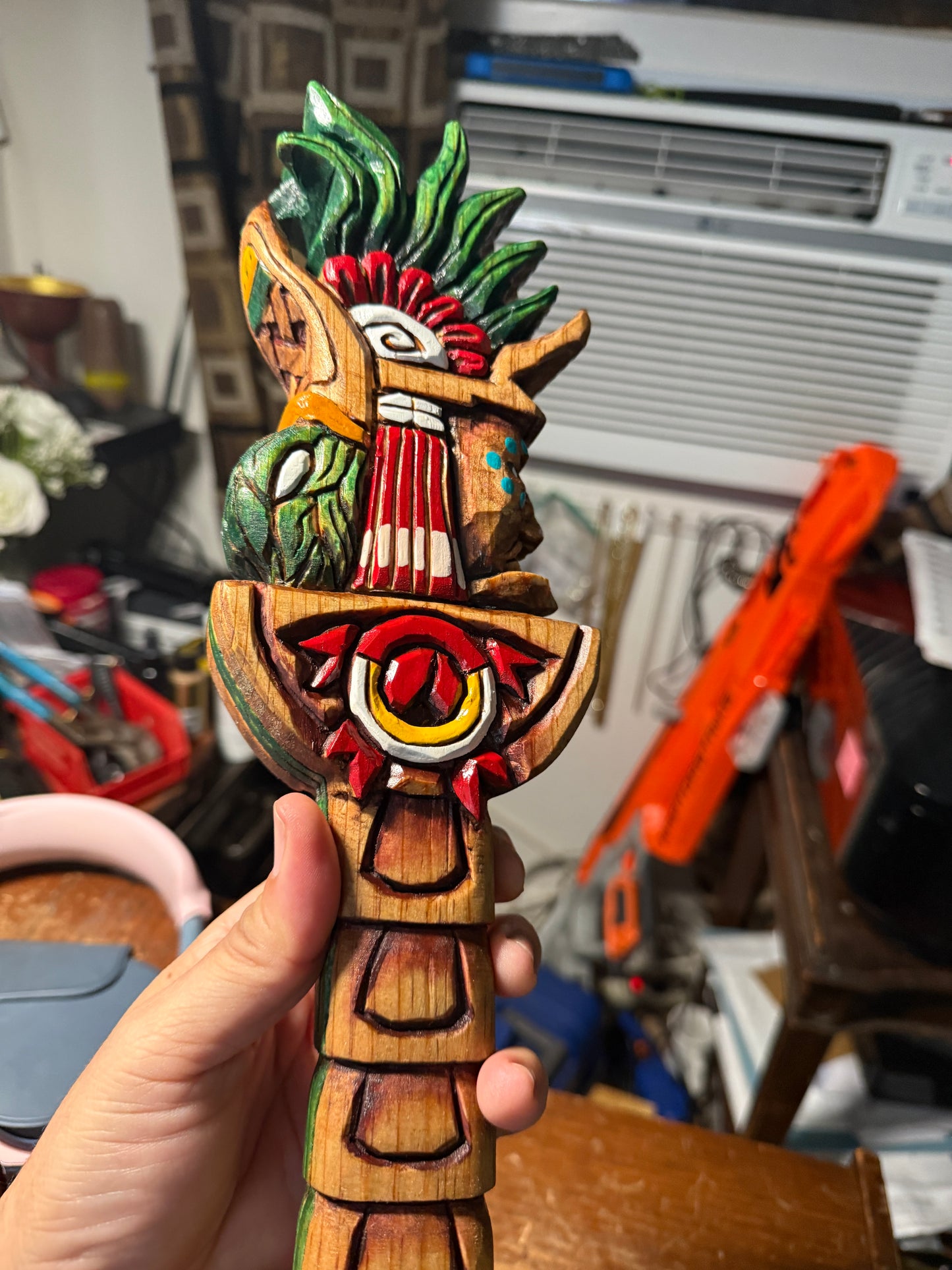 Huitzilopochtli Hummingbird Dagger, Aztec, Deep Wood Carved, Obsidian 20"