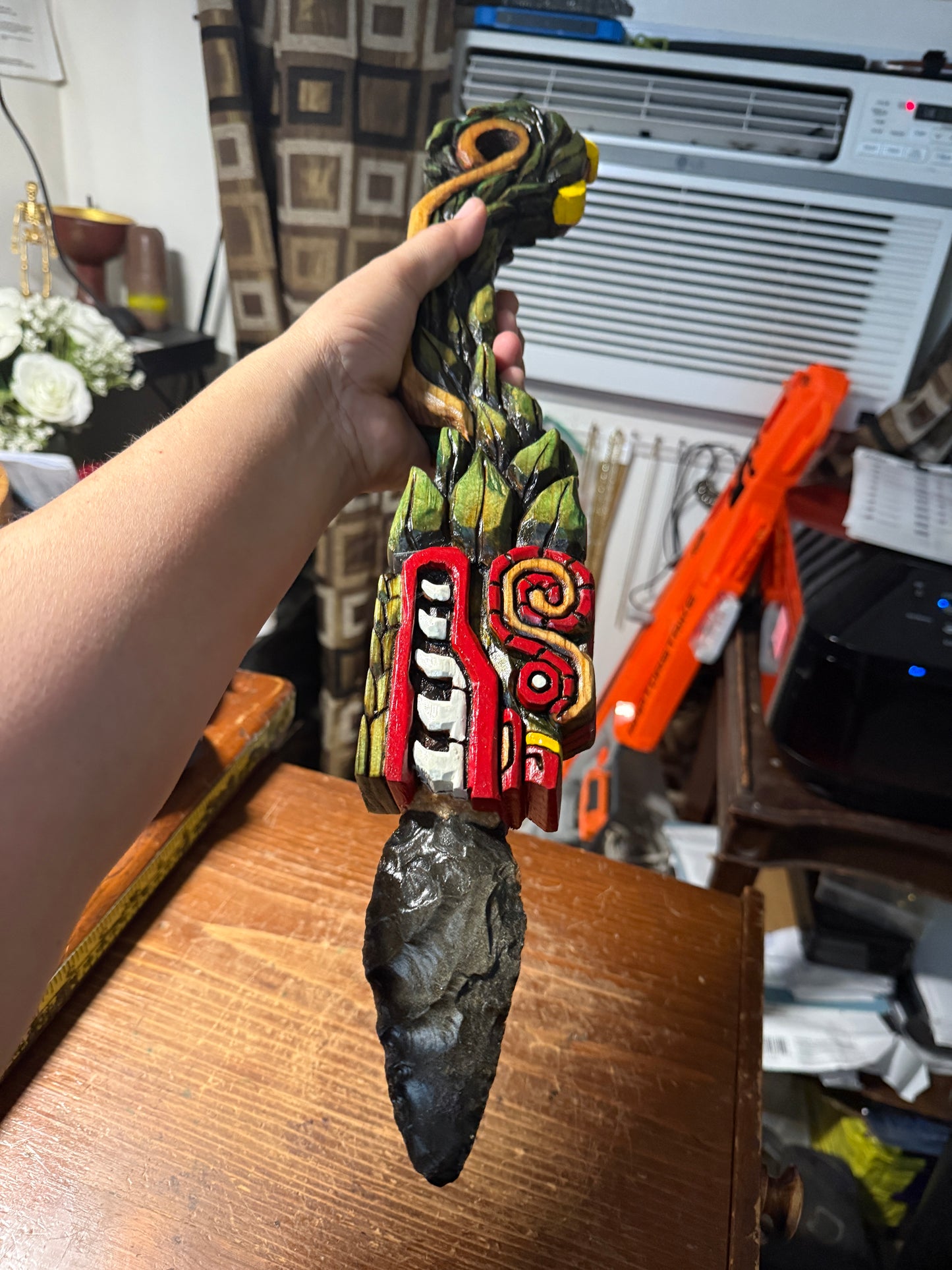 Quetzalcoatl Kukulkan Dagger, Deep Wood Carved, Painted, Azteca Obsidian Knife, Mexica Sacrificial Knives, Mayan Replica Artifacts