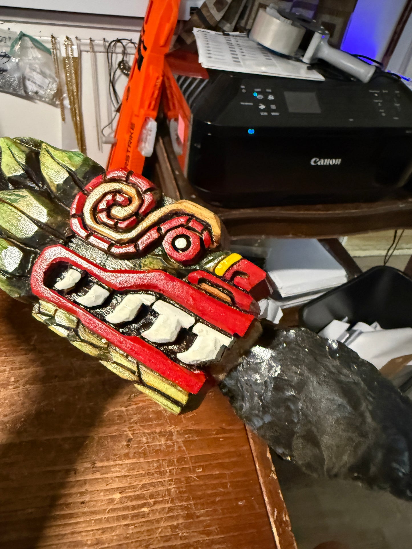 Quetzalcoatl Kukulkan Dagger, Deep Wood Carved, Painted, Azteca Obsidian Knife, Mexica Sacrificial Knives, Mayan Replica Artifacts
