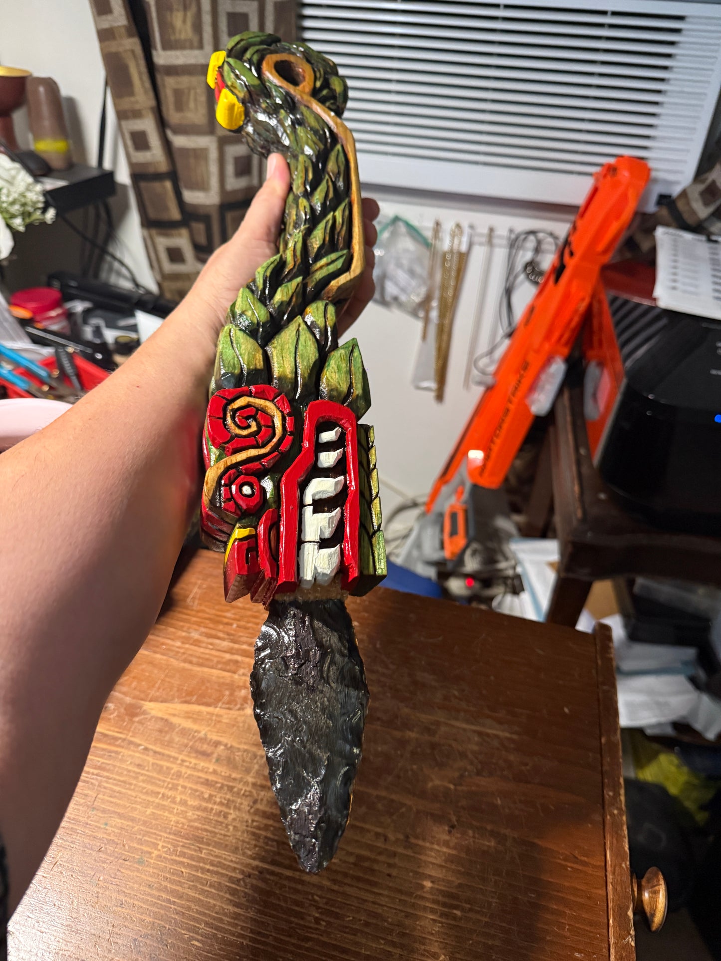 Quetzalcoatl Kukulkan Dagger, Deep Wood Carved, Painted, Azteca Obsidian Knife, Mexica Sacrificial Knives, Mayan Replica Artifacts
