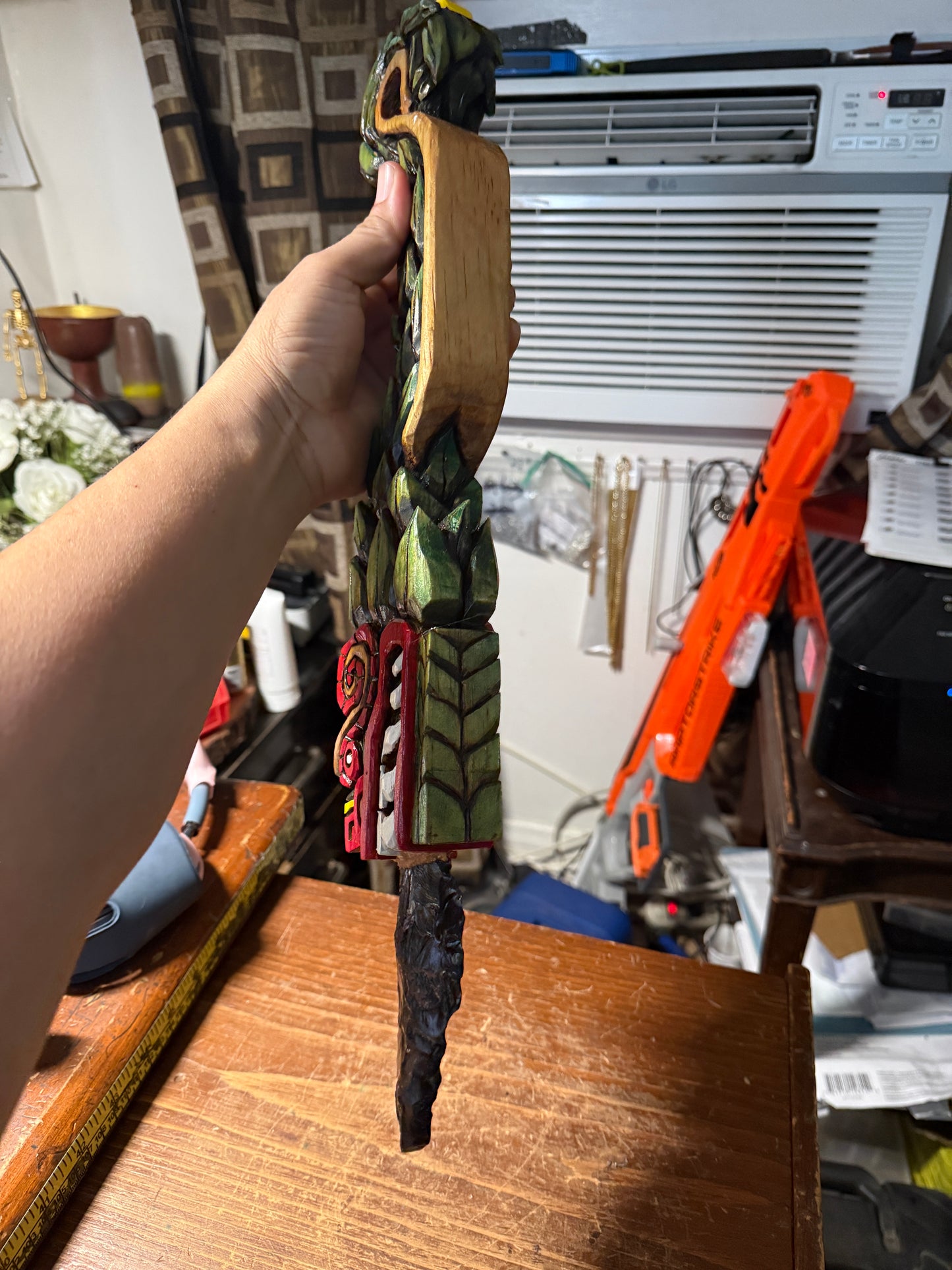 Quetzalcoatl Kukulkan Dagger, Deep Wood Carved, Painted, Azteca Obsidian Knife, Mexica Sacrificial Knives, Mayan Replica Artifacts
