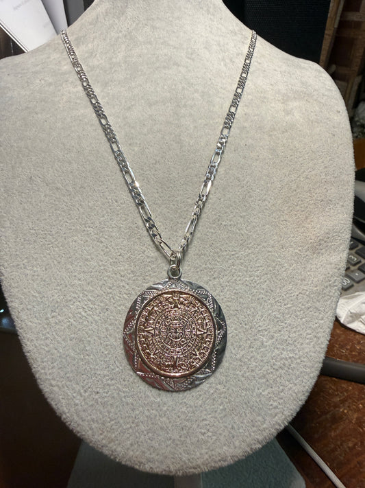 Sterling Silver Azteca Mexica Aztec Calendar Round Pendant 925 plated Chain (#10)