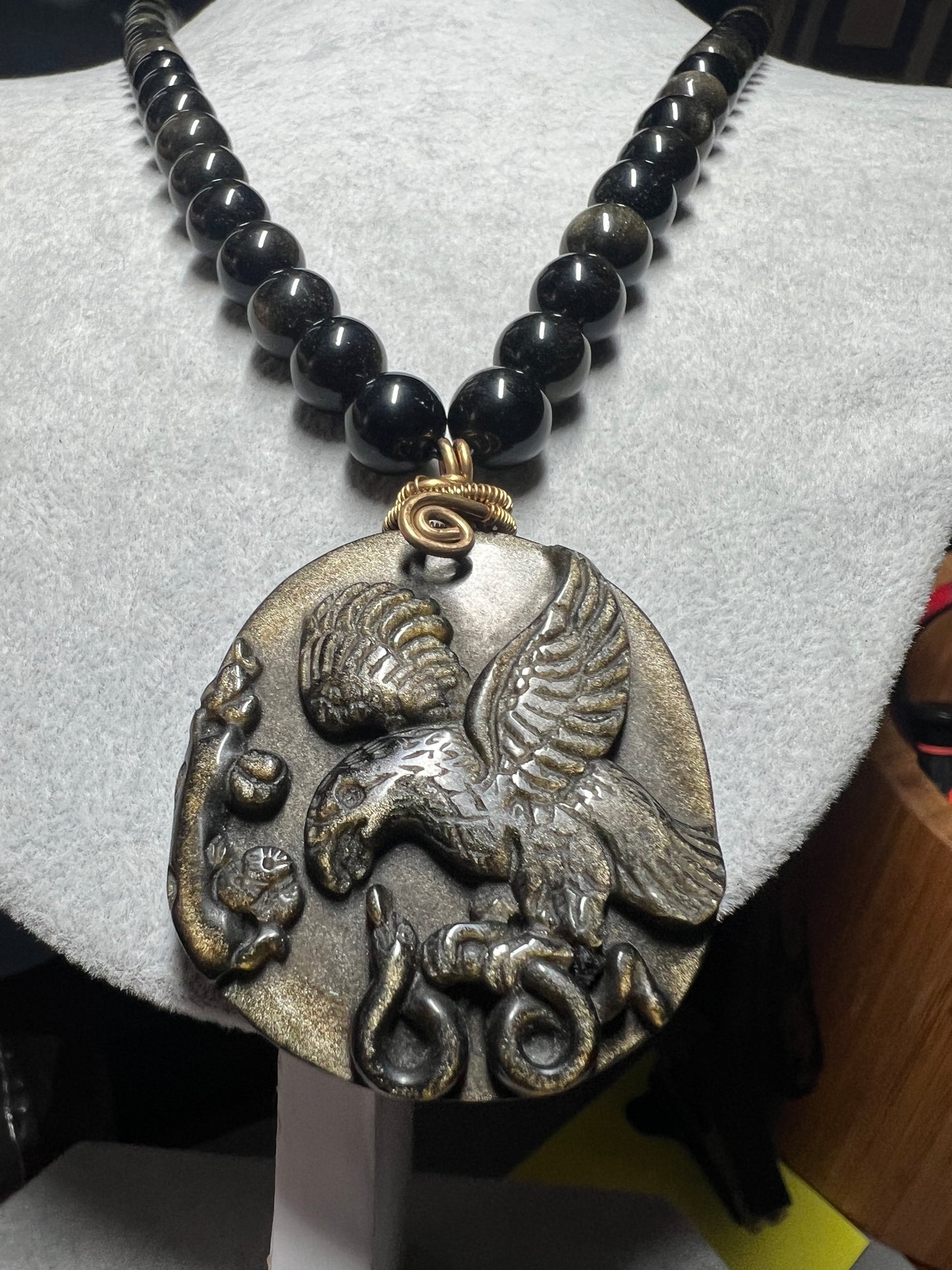 Gold Obsidian Mexican Shield Eagle Snake Cactus Foundation Pendant Necklace, Mexico (#13)