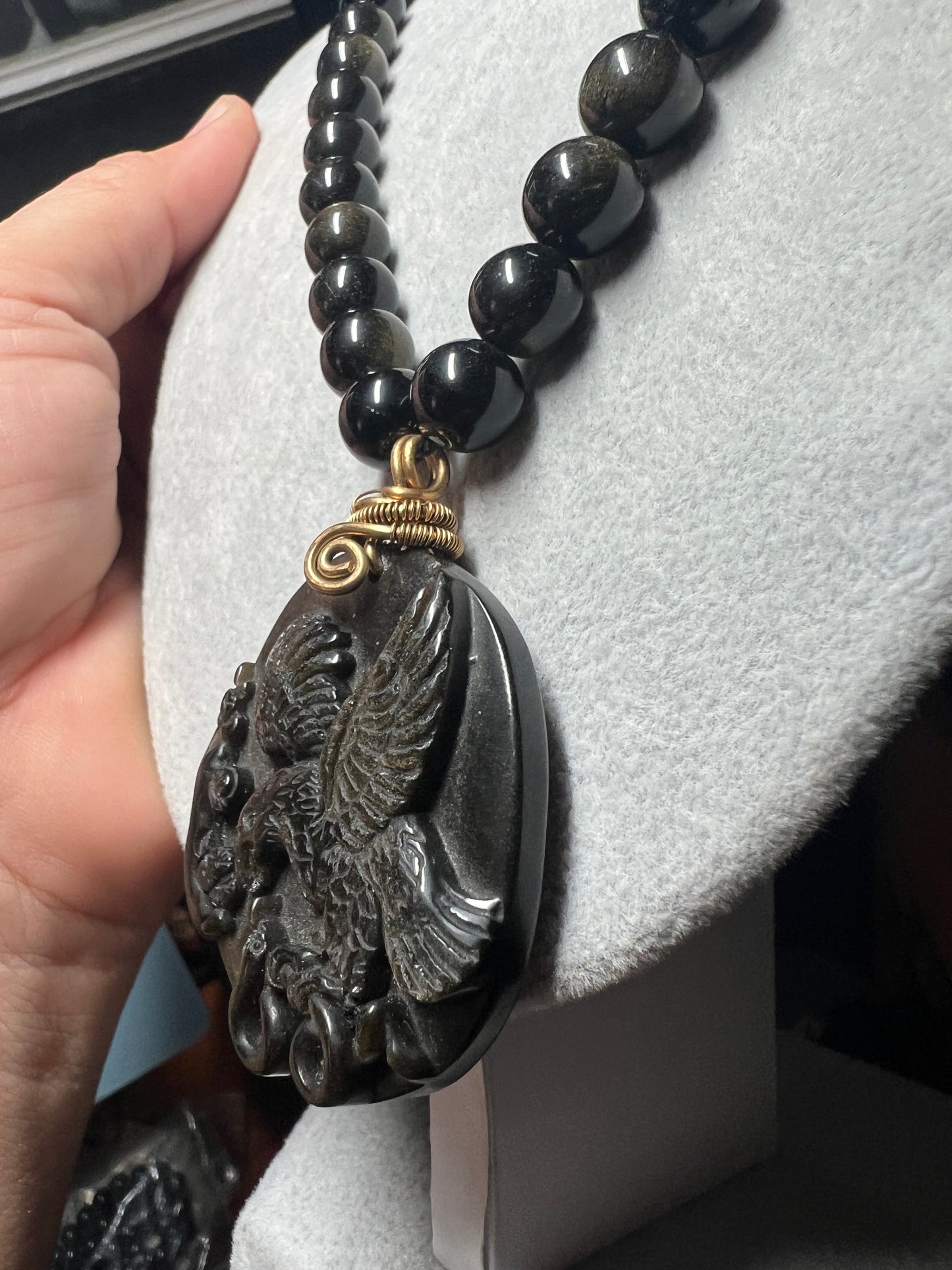 Gold Obsidian Mexican Shield Eagle Snake Cactus Foundation Pendant Necklace, Mexico (#13)