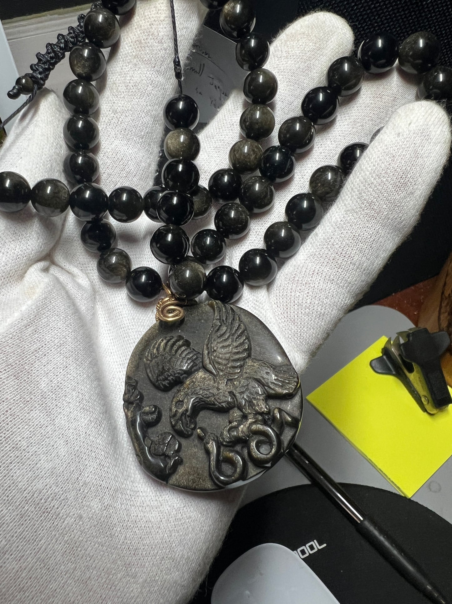 Gold Obsidian Mexican Shield Eagle Snake Cactus Foundation Pendant Necklace, Mexico (#13)