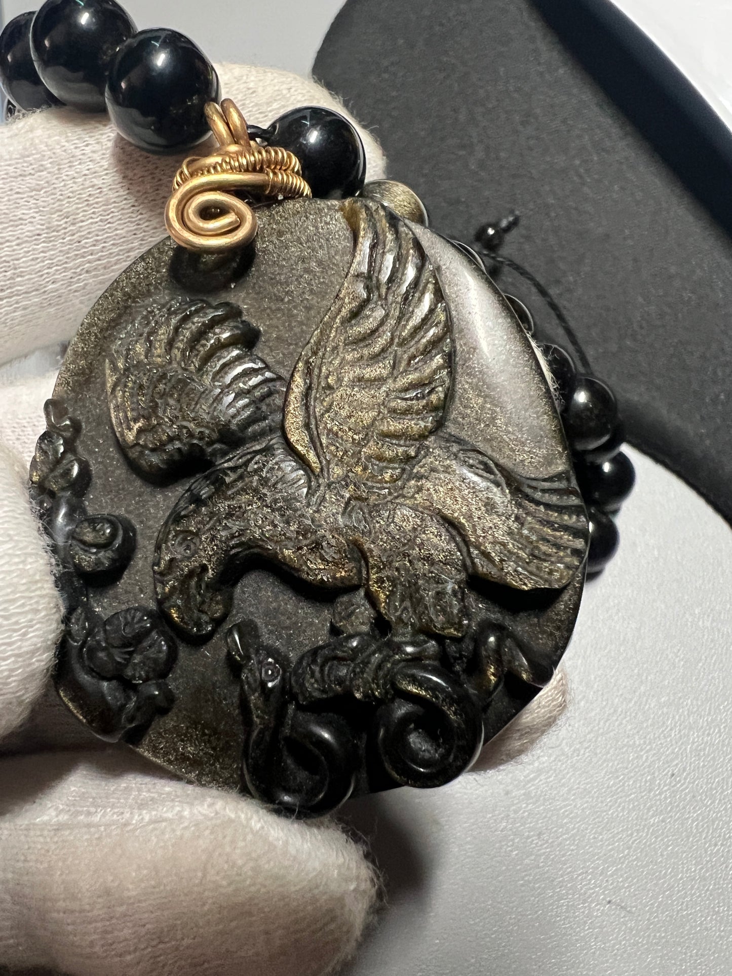 Gold Obsidian Mexican Shield Eagle Snake Cactus Foundation Pendant Necklace, Mexico (#13)