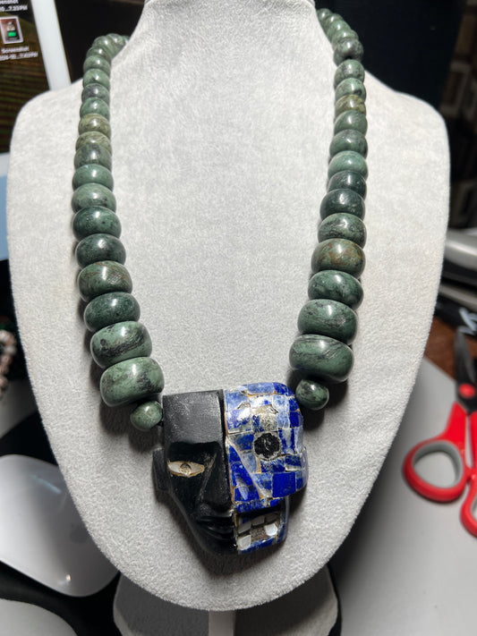 Life and Death Mayan Aztec Mask Pendant Necklace, Obsidian, Blue Soladite, Mother of Pearl, #13