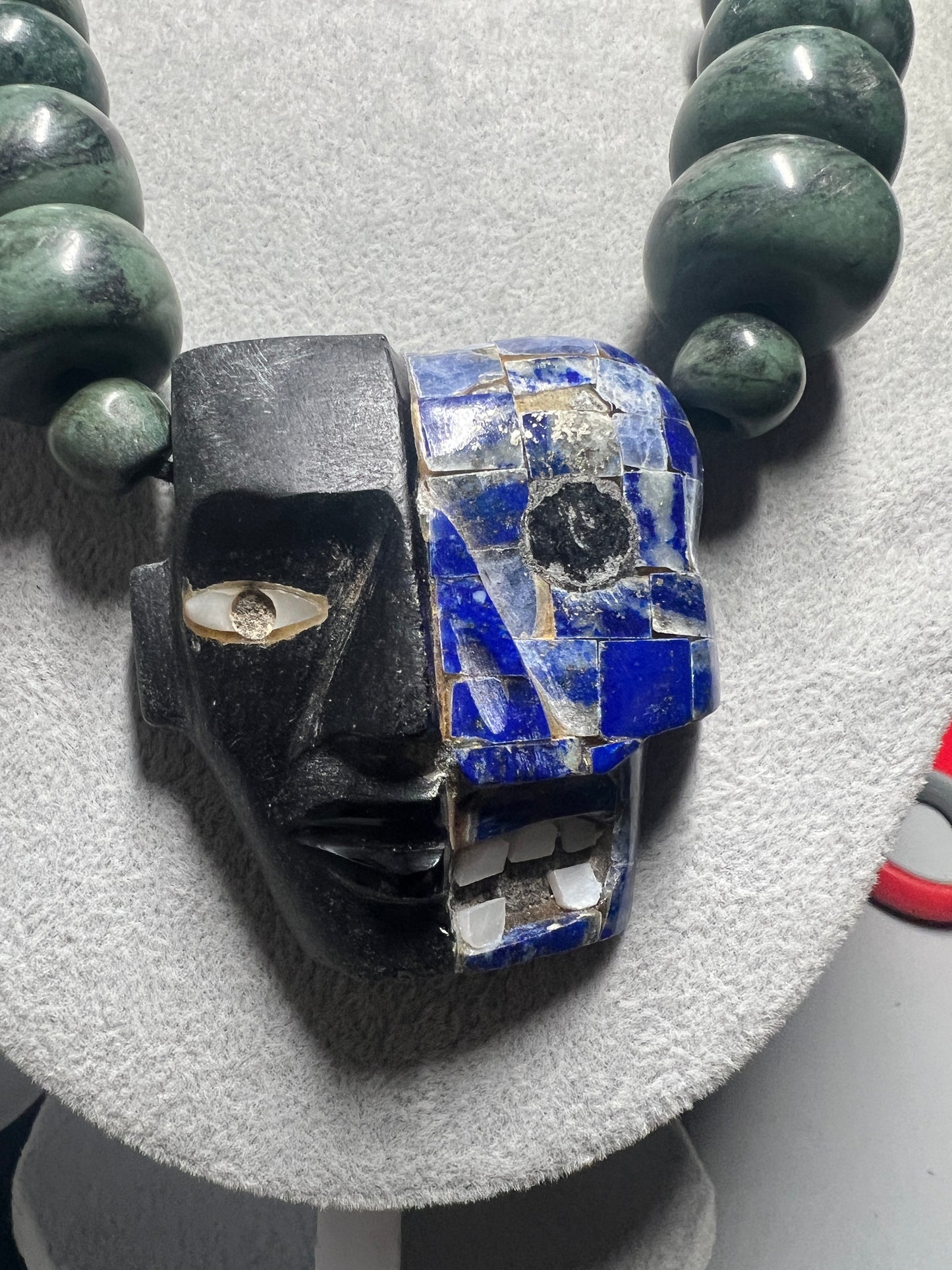 Life and Death Mayan Aztec Mask Pendant Necklace, Obsidian, Blue Soladite, Mother of Pearl, #13