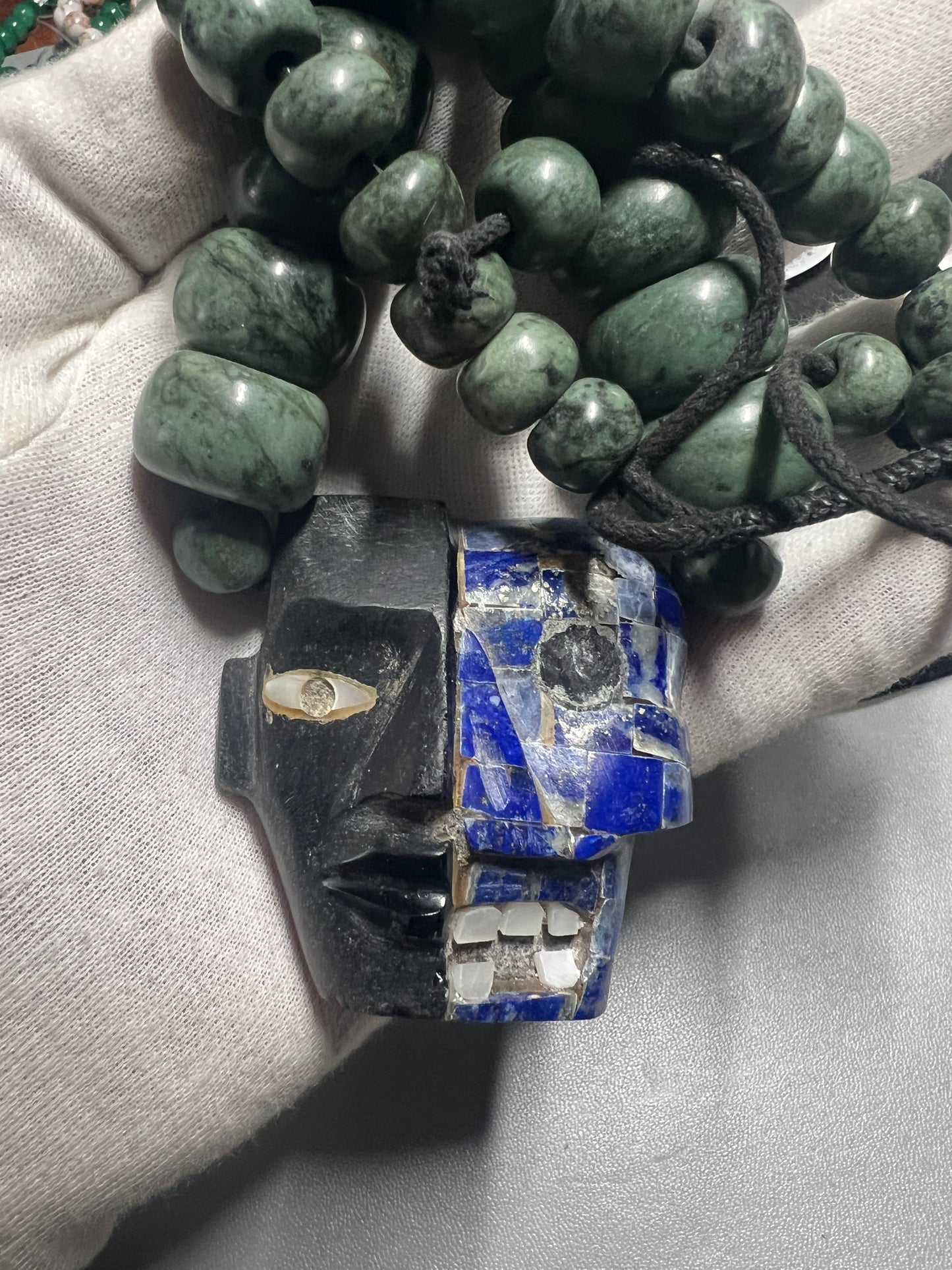 Life and Death Mayan Aztec Mask Pendant Necklace, Obsidian, Blue Soladite, Mother of Pearl, #13