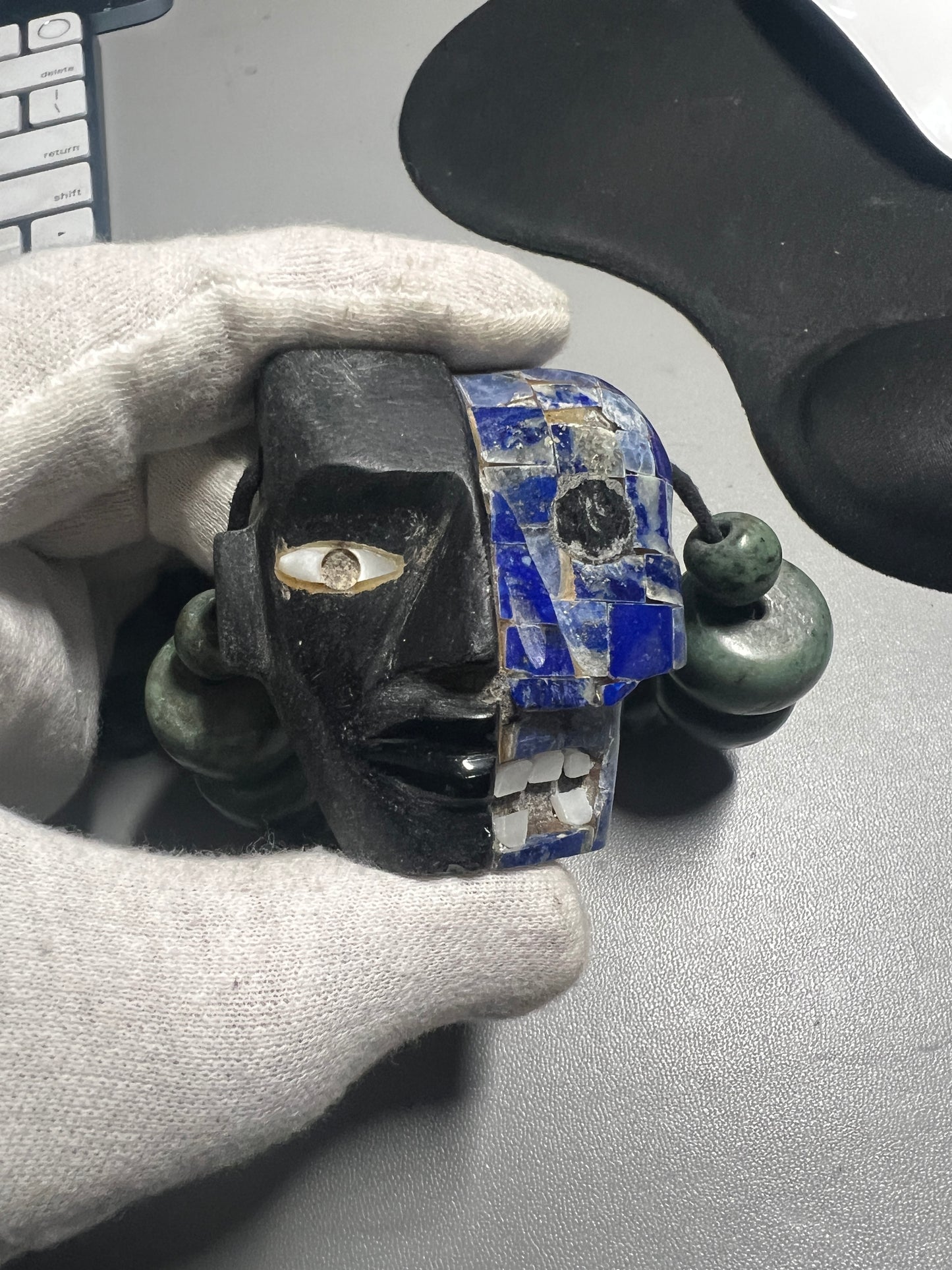 Life and Death Mayan Aztec Mask Pendant Necklace, Obsidian, Blue Soladite, Mother of Pearl, #13