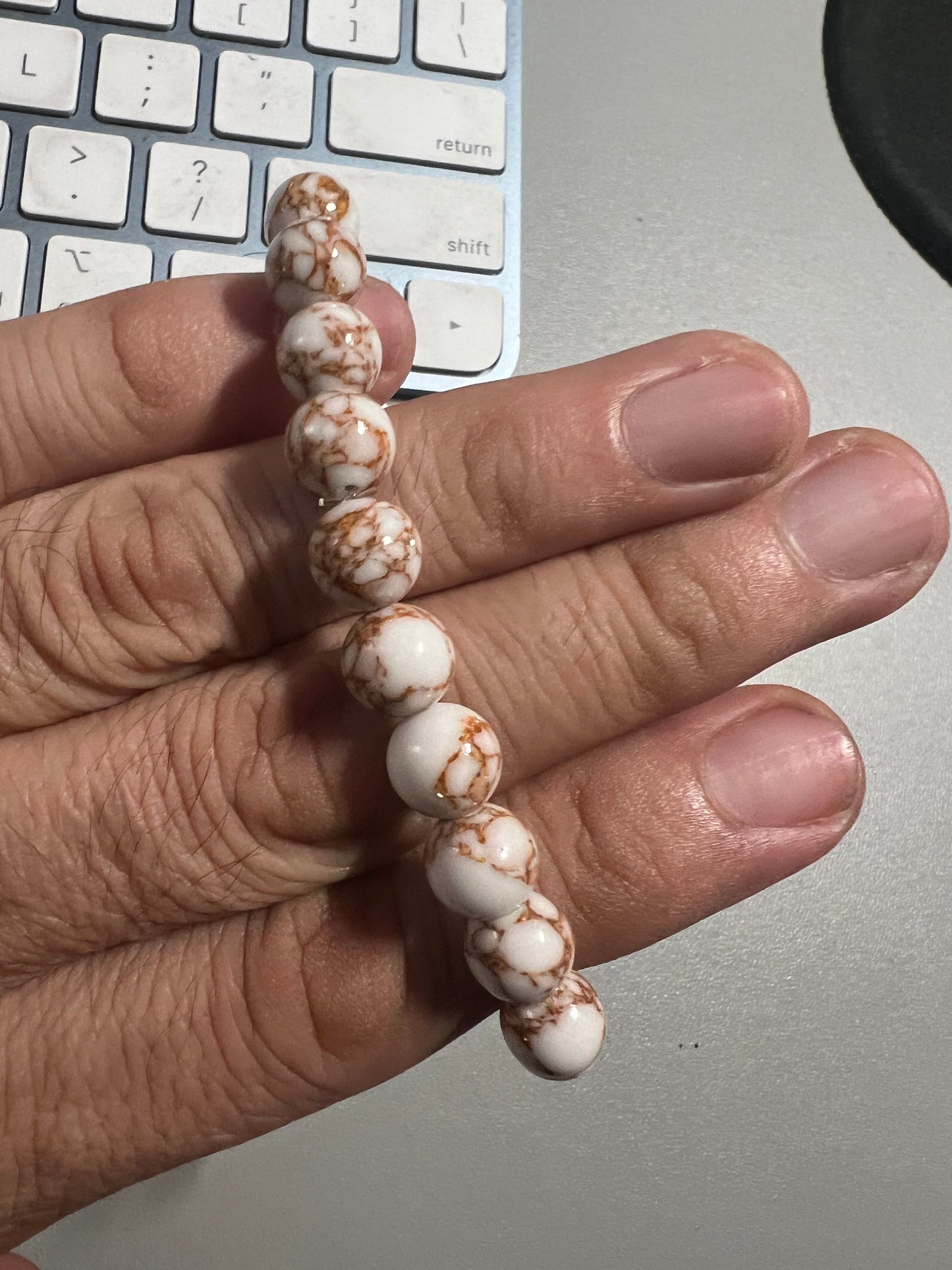 White Howlite Spun Gold plated Bracelet Stone Round Beads Mexican Aztec #7