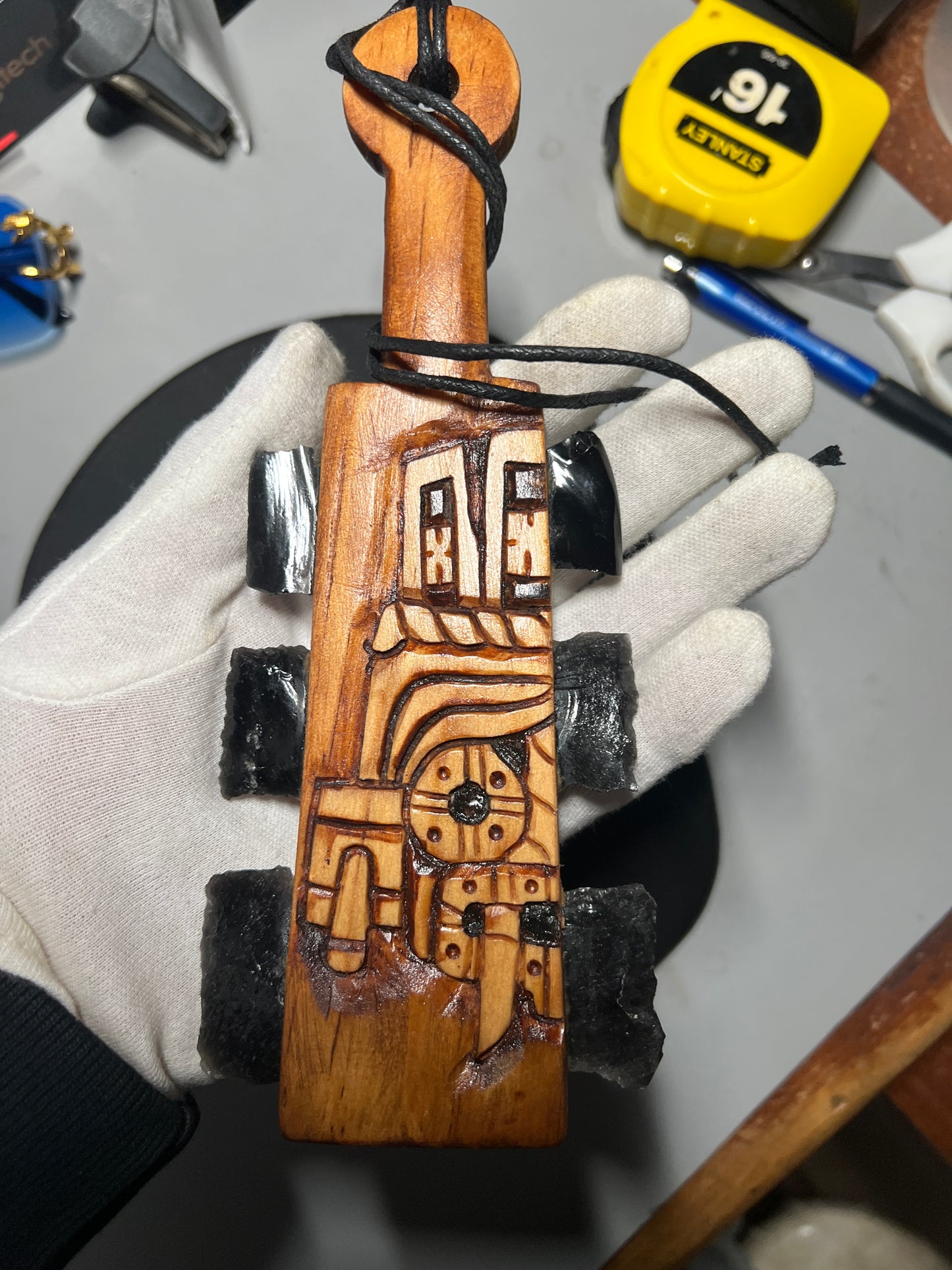 Mini Macuahuitl Azteca, Necklace, feature Tlaloc, Aztec Rain God, Carved Wood, 9", Black Obsidian Blades