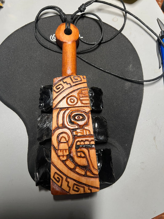 Mini Macuahuitl Azteca Necklace, feature Tonatiuh Aztec Sun God, Carved, Obsidian Blades, Hangable Art handmade 8in.