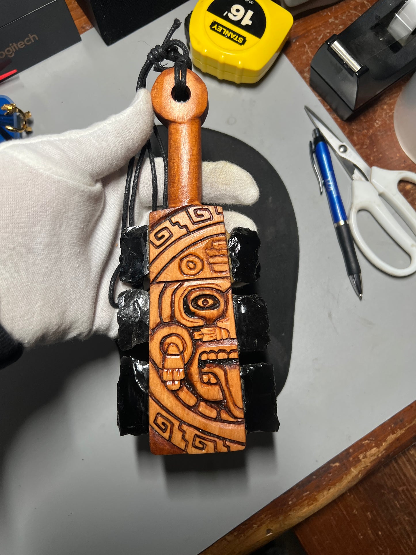 Mini Macuahuitl Azteca Necklace, feature Tonatiuh Aztec Sun God, Carved, Obsidian Blades, Hangable Art handmade 8in.